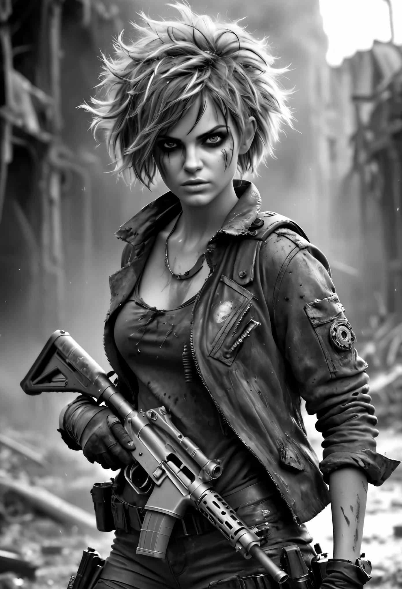 photorealistic, (Masterpiece photo in shades of gray, woman with disheveled hair and tiny post-apocalyptic clothes), cute sexy, holding a gun, in dinamic, splash and explosive, ultra sharp focus, Detailed face, short hair, Beautiful eyes, whole body, high quality black and white image