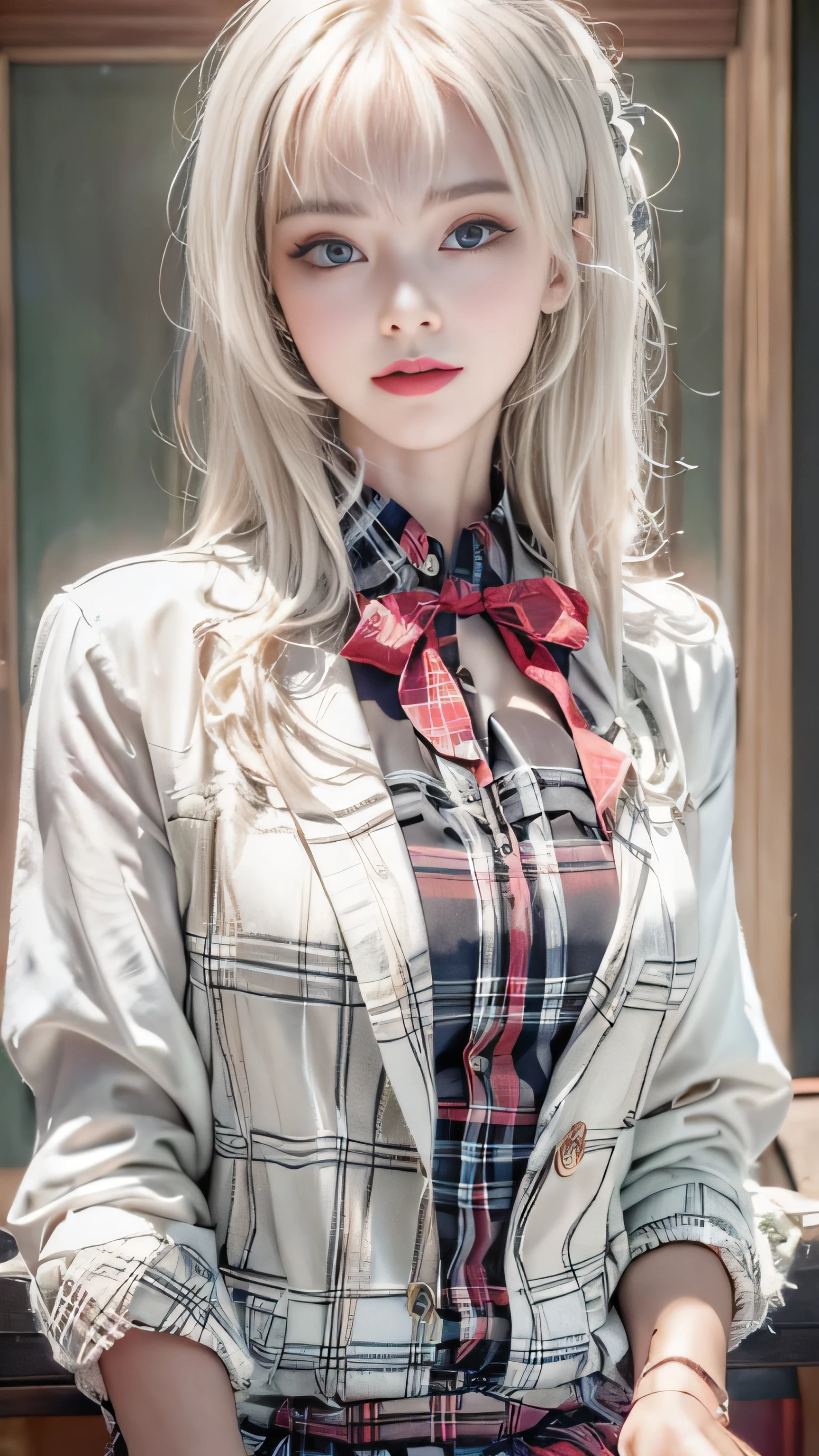 realistic, High resolution, soft light,1 female, alone, jewelry, Current school classroom,the biggest eyes,chest is low, long hair、((color々hair with color))(Super realistic)、(enlightenment)、(High resolution)、(8K)、(非常にbecome familiar with)、(best illustrations)、(fine and beautiful eyes)、(highest quality),(detailed face)、alone、1 girl in、looking at the viewer、become familiar with、detailed face、in the dark night、deep shadow、private key、Pure erotic face ace_、length、black shawl straight hair、46 point diagonal bangs,Female student、(white blazer、chest emblem)、translucent white blouse、red bow tie、( In bright colors,plaid)、,8K, highest quality, 超High resolution, table top, realistic, realistic, high contrast, photon mapping, real image, smile
