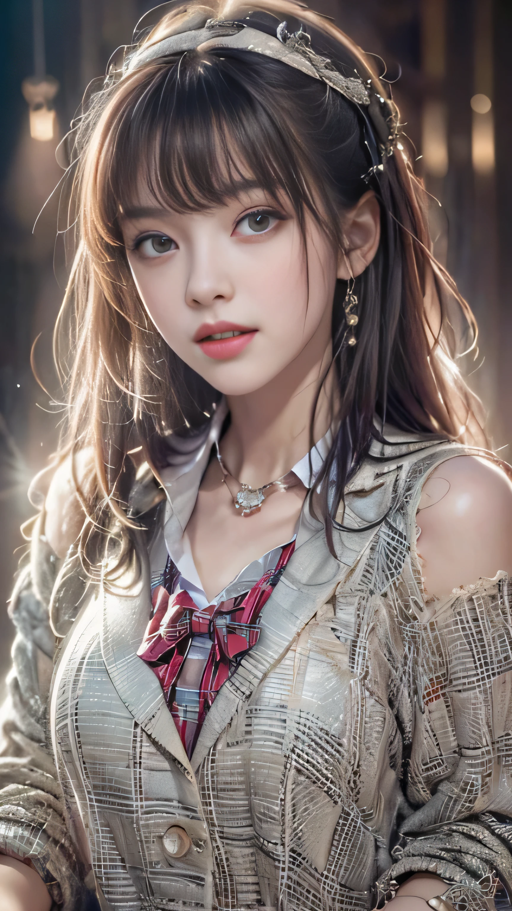 realistic, High resolution, soft light,1 female, alone, jewelry, Current school classroom,the biggest eyes,chest is low, long hair、((color々hair with color))(Super realistic)、(enlightenment)、(High resolution)、(8K)、(非常にbecome familiar with)、(best illustrations)、(fine and beautiful eyes)、(highest quality),(detailed face)、alone、1 girl in、looking at the viewer、become familiar with、detailed face、in the dark night、deep shadow、private key、Pure erotic face ace_、length、black shawl straight hair、46 point diagonal bangs,Female student、(white blazer、chest emblem)、translucent white blouse、red bow tie、( In bright colors,plaid)、,8K, highest quality, 超High resolution, table top, realistic, realistic, high contrast, photon mapping, real image, smile