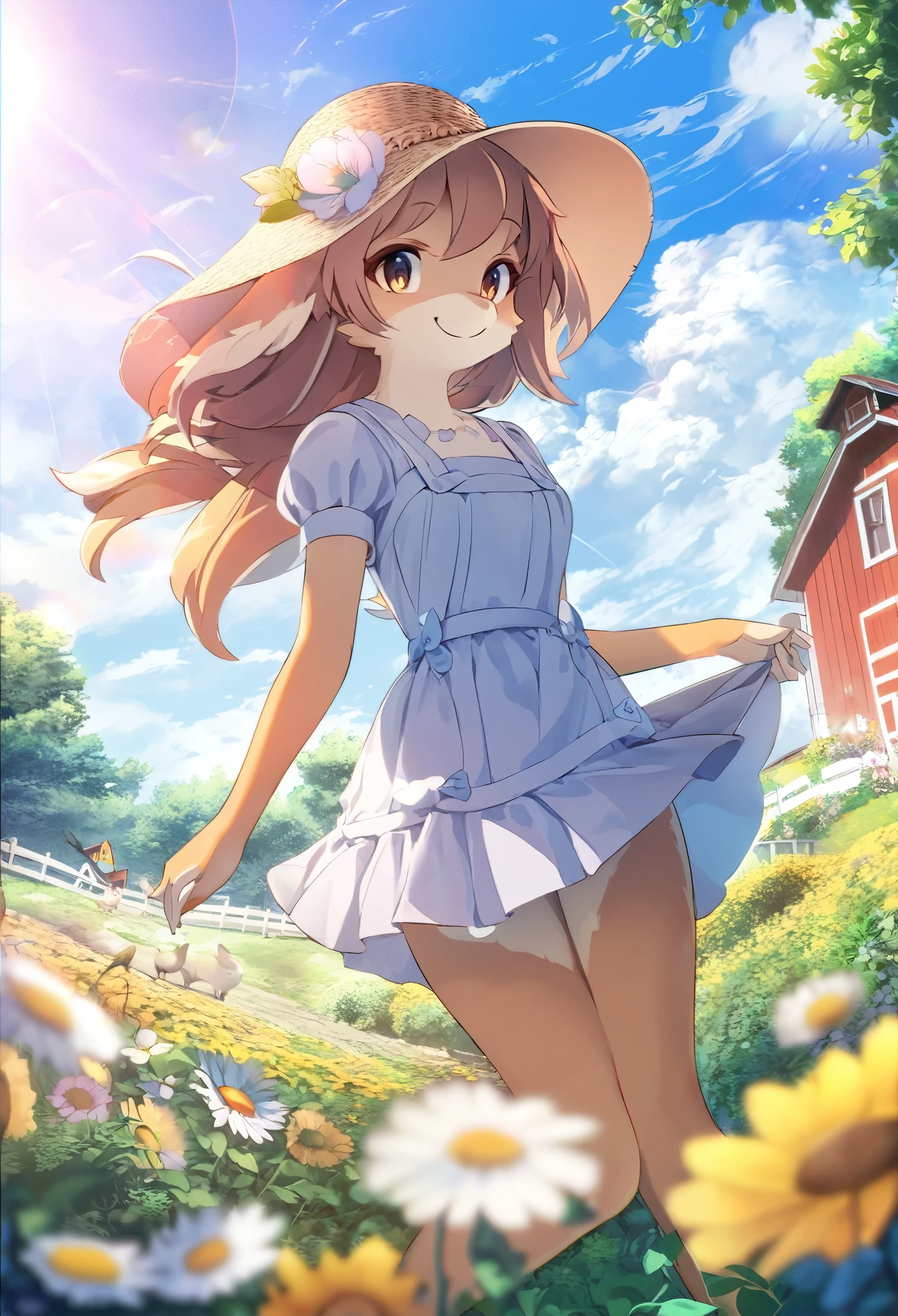 anime key visual, highres, High-quality illustrations, unparalleled masterpiece(movie of life)nature inspired imagery, romanticized views, lively illustrations, whimsical cartoonish, farm, Blue sky, clouds, florals Beautiful garden(furry anthro, solo, girl, casual fashion, Relux pose, Smile)absurdres, perfect anatomy, caustics, cinematic lighting, lens flare, deep shadow, dynamic angle,