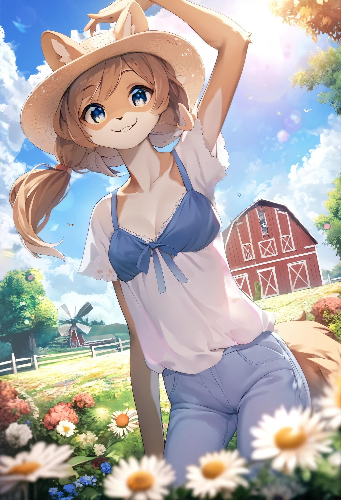 anime key visual, highres, High-quality illustrations, unparalleled masterpiece(movie of life)nature inspired imagery, romanticized views, lively illustrations, whimsical cartoonish, farm, Blue sky, clouds, florals Beautiful garden(furry anthro, solo, girl, casual fashion, Relux pose, Smile)absurdres, perfect anatomy, caustics, cinematic lighting, lens flare, deep shadow, dynamic angle,