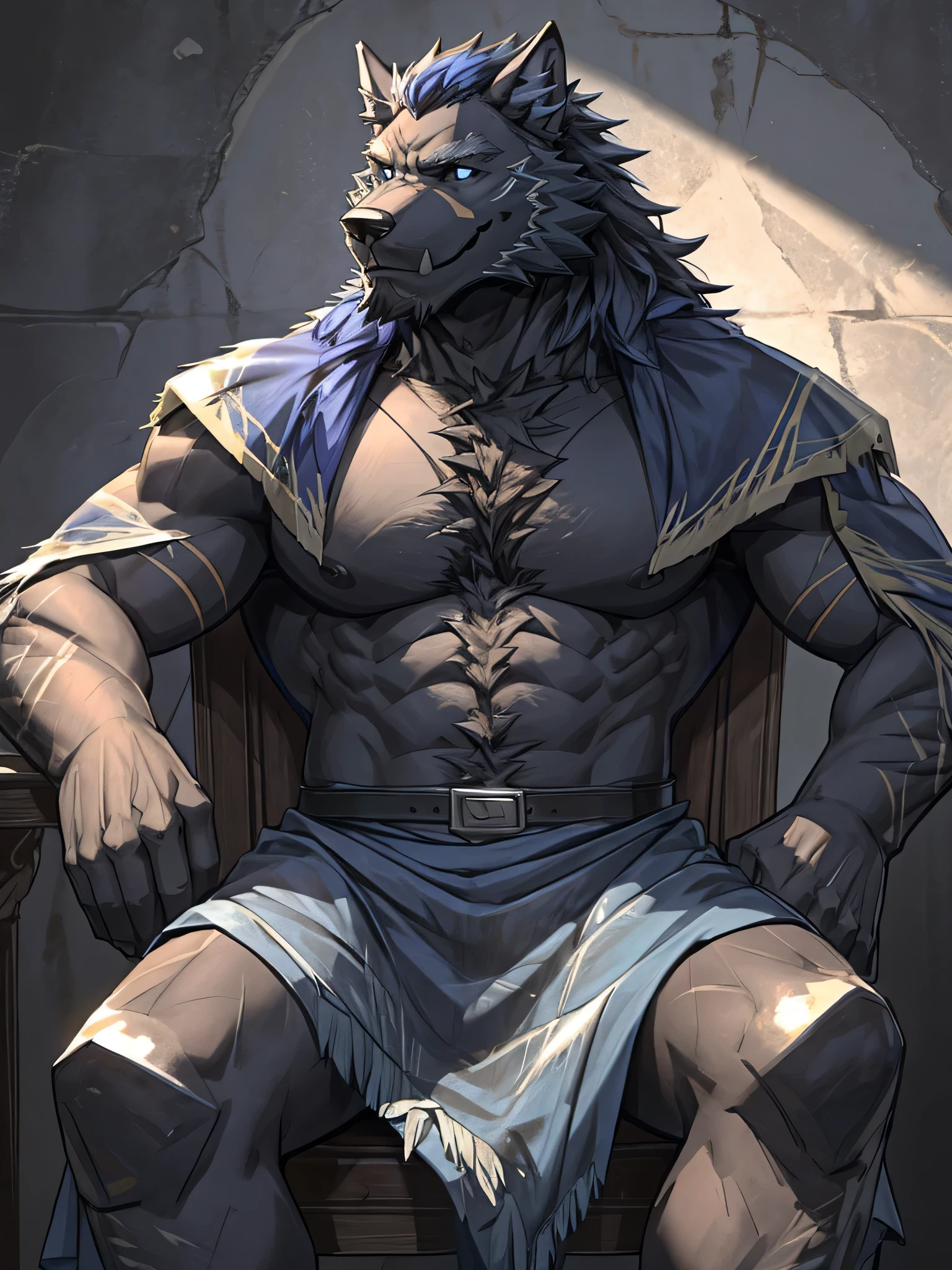 hairy, alone,Wolf,Black fur with blue stripes,Sporadic cloth-colored hair mites,dark blue eyes,sit on the chair,arrogant expression,look straight ahead,smile.,It's so handsome,Aged no more than 50 years old,dark, fiercely