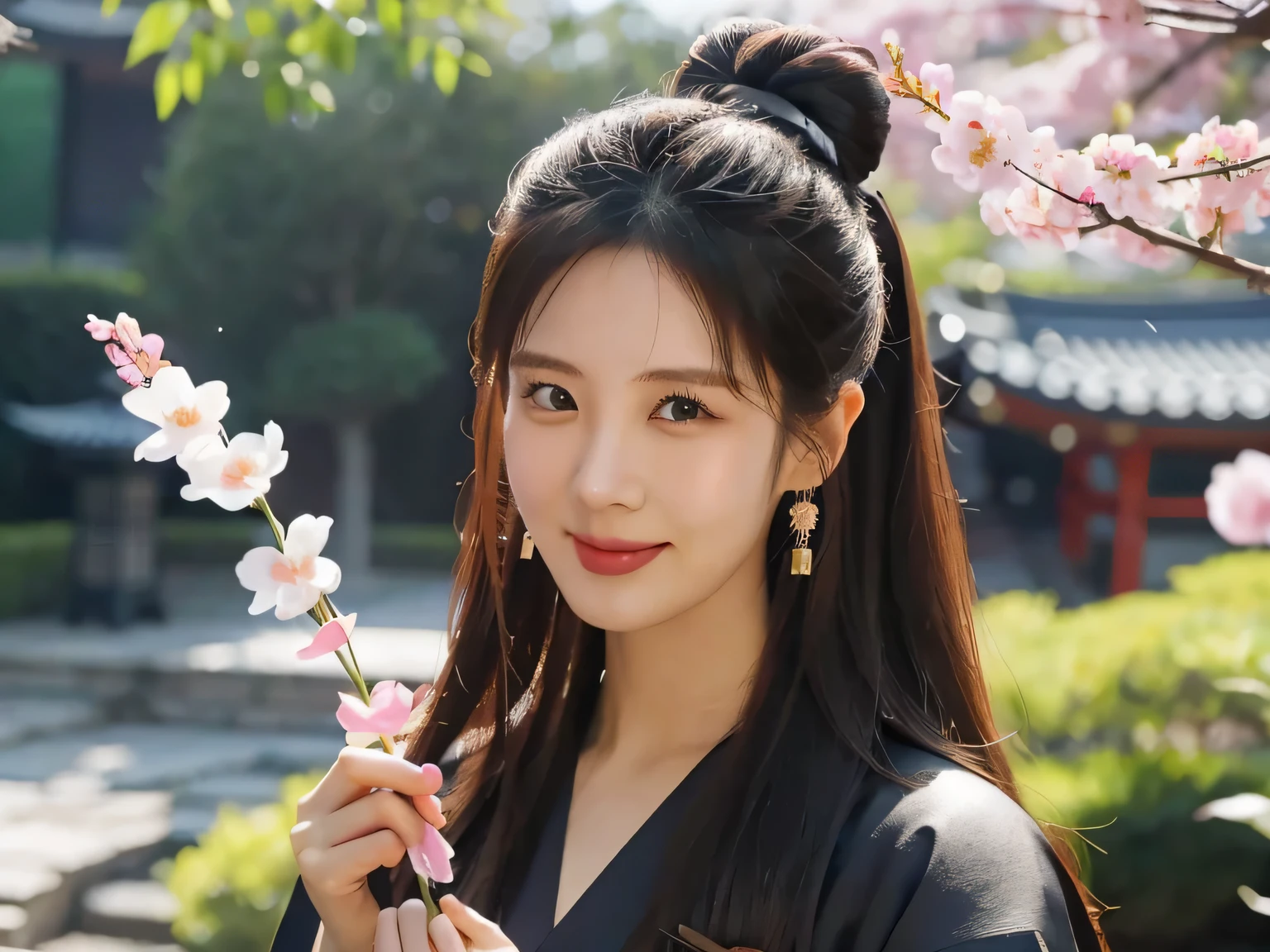 fuji xt3 raw photo, masterpiece, best quality, realistic, detailed, high quality, masterpiece, detail, perfect face, extremely detailed face, long hair with bun behind and bang,close up. [smile at camera], wear black kimono, at sakura temple, blur background, soft light 1.8, light bloom, bokeh. middle age era