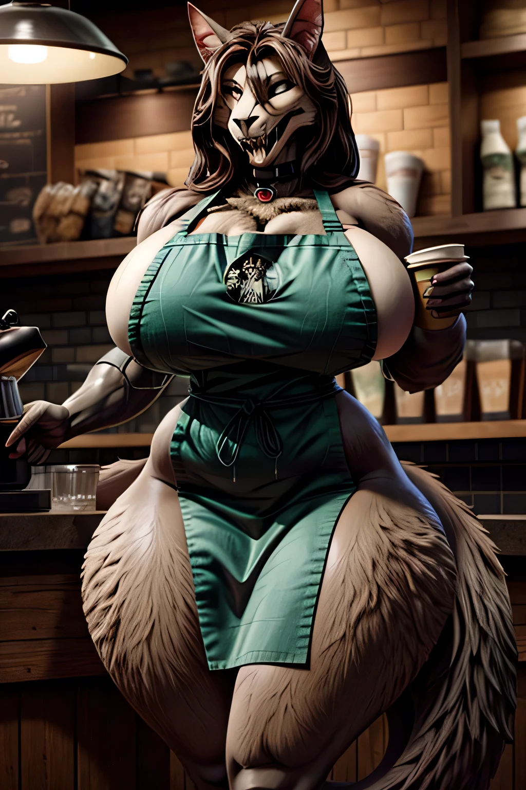 uploaded on e621, explicit content, (cutesexyrobutts,cervina_7, sana!rpg, sligarthetiger), (furry, anthro:1.2), hourglass figure, female, cute, solo,MalO, Starbuck, casher, barista, Starbucks apron, large breasts, natural breasts, tail, tall, happy expresion, lactating, NSFW
 