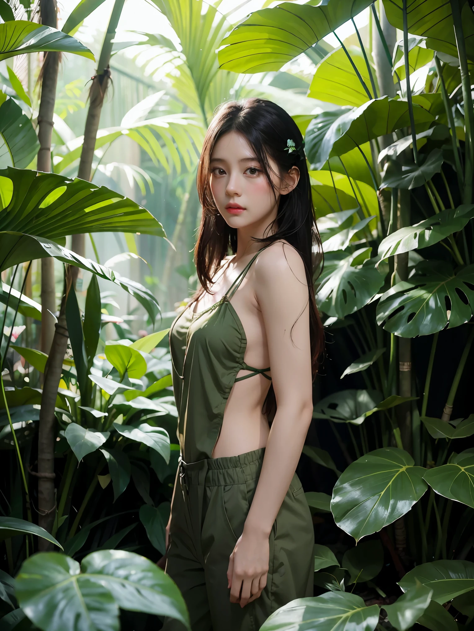 1girl  standing in a jungle with plants, artwork in the style of guweiz, inspired by Yanjun Cheng, in a tropical forest, by Yang J, in the art style of bowater, 🌺 cgsociety, loish and ross tran, in a jungle, by Ni Tian, by Ryan Yee, loish and wlop