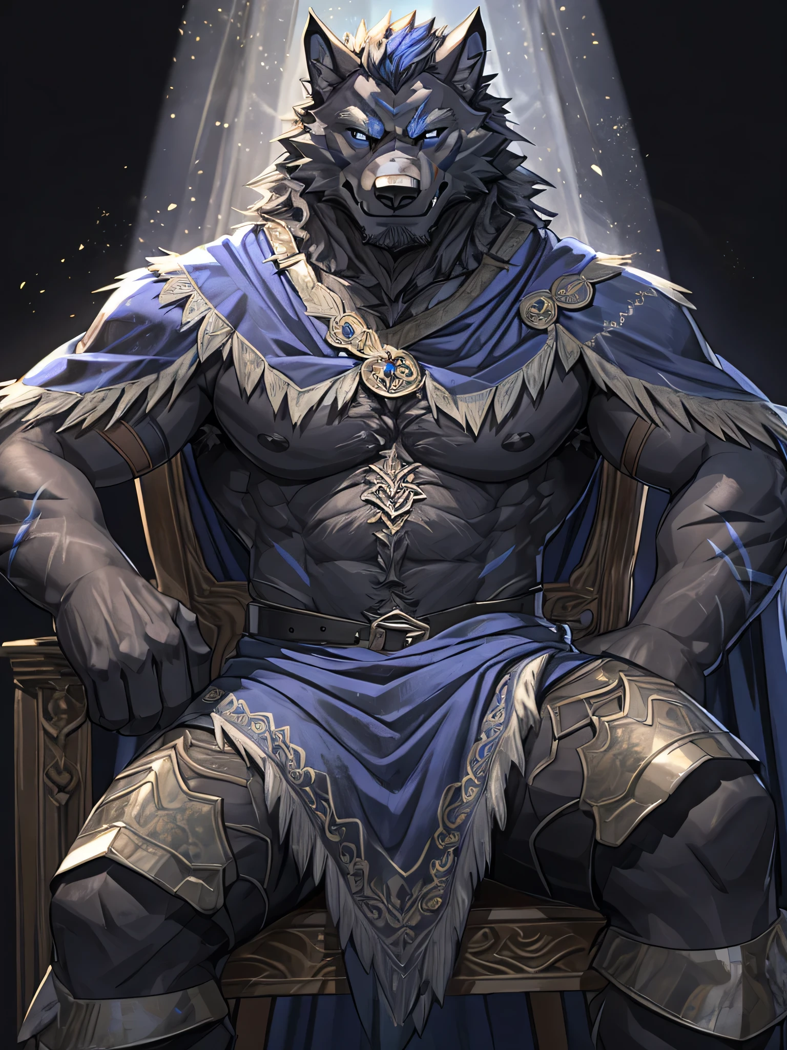 hairy, alone,Wolf,Black fur with blue stripes,Sporadic cloth-colored hair mites,dark blue eyes,sit on the chair,arrogant expression,look straight ahead,smile.,It's so handsome,Aged no more than 50 years old,dark, fiercely