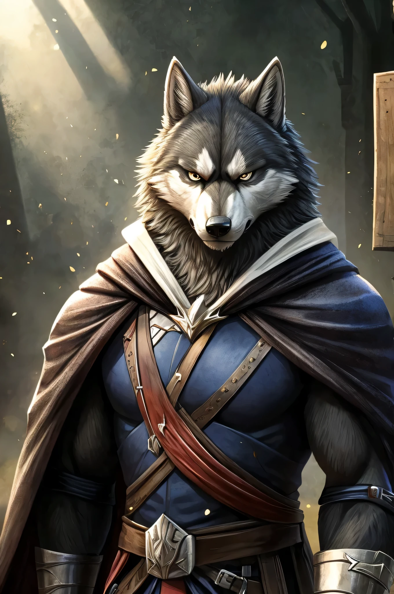 Garlu has a majestic figure and a muscular body,This shows his strength and leadership。. His face displays a combination of human and wolf features.: Have a strong square chin, Pointy wolf ears stick out from the messy hair,bright eyes full of determination. Its dark gray fur is decorated with light markings,Highlight its fur., He has visible scars on his face and arms., Witnesses of the battles he endured.
Dress that suits you, Can wear basic armor made of leather and metal, Shows signs of use and repair. When he led the rebellion,He can also wear a long flowing cloak behind him., Add a touch of drama to your look.
Judging from facial expressions, Jialu has a strong and determined expression, The frown shows his determination and concentration on the people's cause.