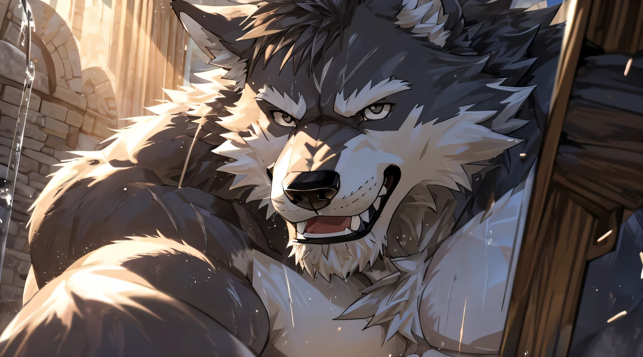 Humanity((dramatic))epic, dynamic poses, Dynamic angle, A scene from a movie, Extreme perspective and powerful composition, Ridiculous, (Super detailed), sharp focus, Negi, eyes, black eyes, hairy, light white fur, brown fur, White beard, Humanity (Wolf), male, middle aged, gray body, white belly, muscular, Super detailed face, (delicate eyes), 1 boy, Taking a shower in a medieval bathhouse, use towel, naked, motion blur, (best quality), (masterpiece), high detail, high quality, Award-winning, high resolution, HD, 16K, impressive, (close up:1.5)