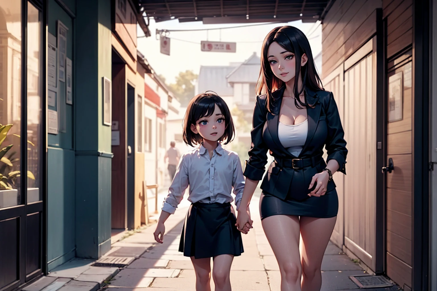 On the bustling street, an incredibly beautiful 33-year-old prostitute mother walks hand in hand with her innocent and tender 8-year-old daughter. The girl's laughter rings through the air as she looks at her mother in admiration. The mother, with a seductive and seductive expression, seduces the elderly with her captivating gaze. Dressed in a miniskirt that reveals her delicious thong, stockings and high heels, she plays the role of her with confidence. With a perverted gleam in her eyes, he savors the sensual touches of the old men on her legs and hips, satisfying her desires while she attends to her desires, both of them sensually groped