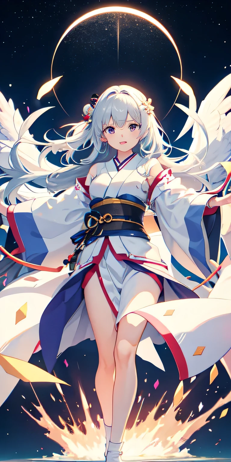 High quality, best quality, highly detailed 1 Japanese girl floating in the sky as she has the power to control air she has worn a lavish white robes 