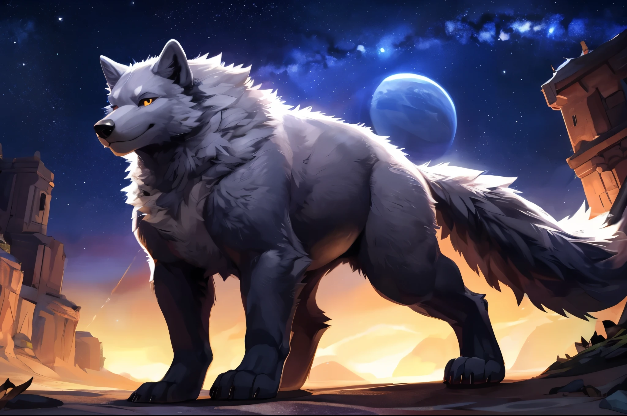 4k ultra quality, 4k full body view,(ultra high detailed body),strong wolf,dire wolf, detailed body,by mystikfox61, by glitter trap boy,feral paws, by bebebebebe,by morethreedee, by seibear,(thick thigh),(chubby thigh),thicc thigh,thick legs,chubby legs,thicc legs,massive butt,enomorous thigh,massive thigh,massive legs,thick lower legs,wide legs,(detailed thigh),(wide thigh),fluffy belly,feral belly,sharp nails,((sfw)),(ultra detailed face),detailed eyes,big tail,fluffy tail,(detailed tail),enomorous tail,bigger tail,huge tail,volumetric light,muscle legs,big paws,(thick paws),fluffy paws,furry paws,enomorous paws,(animal focus), beast,standing,(bigger lower body),strong lower body,(long legs),front view,master works, super fine, 4k resolution, high quality,high picture detail,dark fantasy,illusory engine, Masterpiece,feral body,muscular feral,faint lighting,shiny fur,macro,giga,polar lights background,star sky