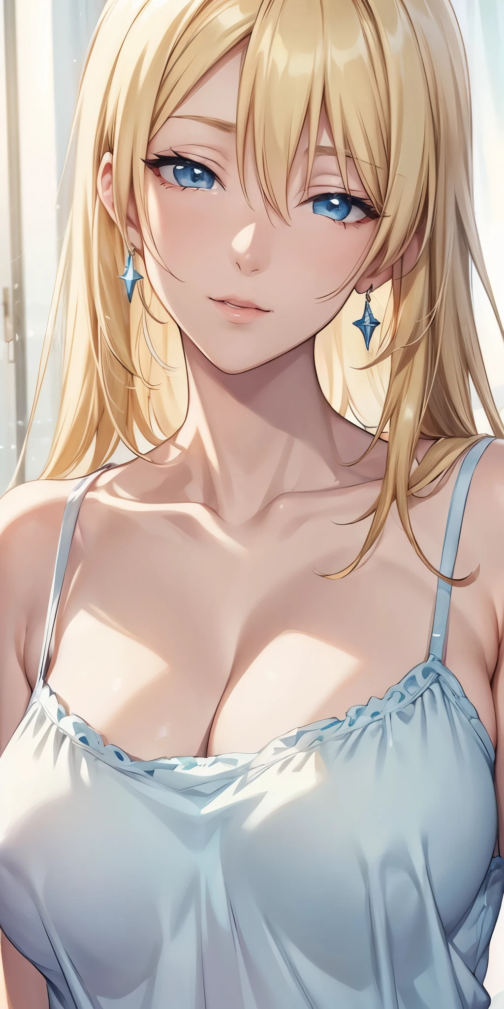 portrait, anime cg, blue eyes, blonde hair, transparent camisole, see through nipple, 4k resolution, high quality cg, beautiful cg, soft light