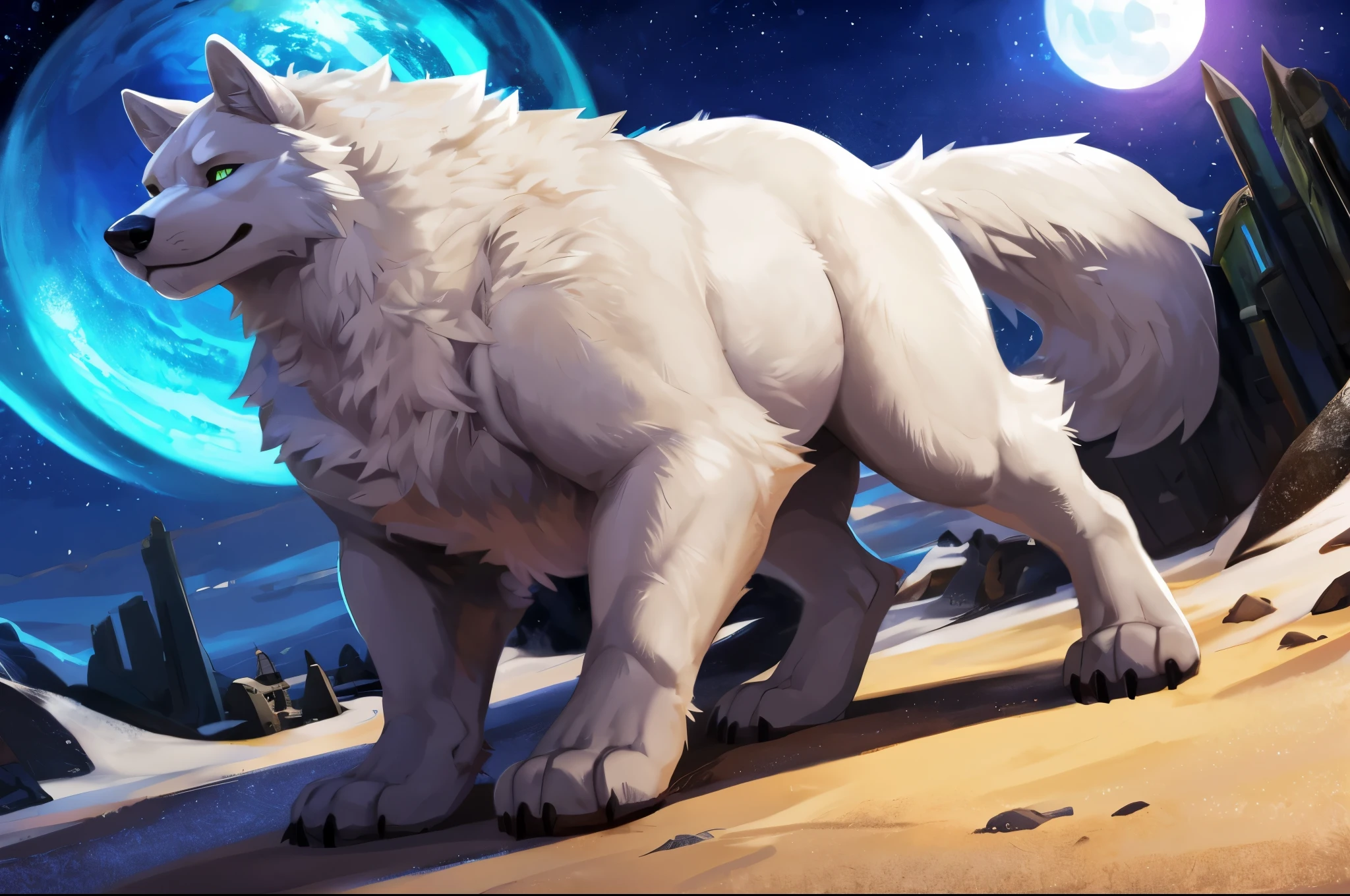 4k ultra quality, 4k full body view,(ultra high detailed body),strong wolf,dire wolf, detailed body,by mystikfox61, by glitter trap boy,feral paws, by bebebebebe,by morethreedee, by seibear,(thick thigh),(chubby thigh),thicc thigh,thick legs,chubby legs,thicc legs,massive butt,enomorous thigh,massive thigh,massive legs,thick lower legs,wide legs,(detailed thigh),(wide thigh),fluffy belly,feral belly,sharp nails,((sfw)),(ultra detailed face),detailed eyes,big tail,fluffy tail,(detailed tail),enomorous tail,bigger tail,huge tail,volumetric light,muscle legs,big paws,(thick paws),fluffy paws,furry paws,enomorous paws,(animal focus), beast,standing,(bigger lower body),strong lower body,(long legs),front view,master works, super fine, 4k resolution, high quality,high picture detail,dark fantasy,illusory engine, Masterpiece,feral body,muscular feral,faint lighting,shiny fur,macro,giga,polar lights background,outside