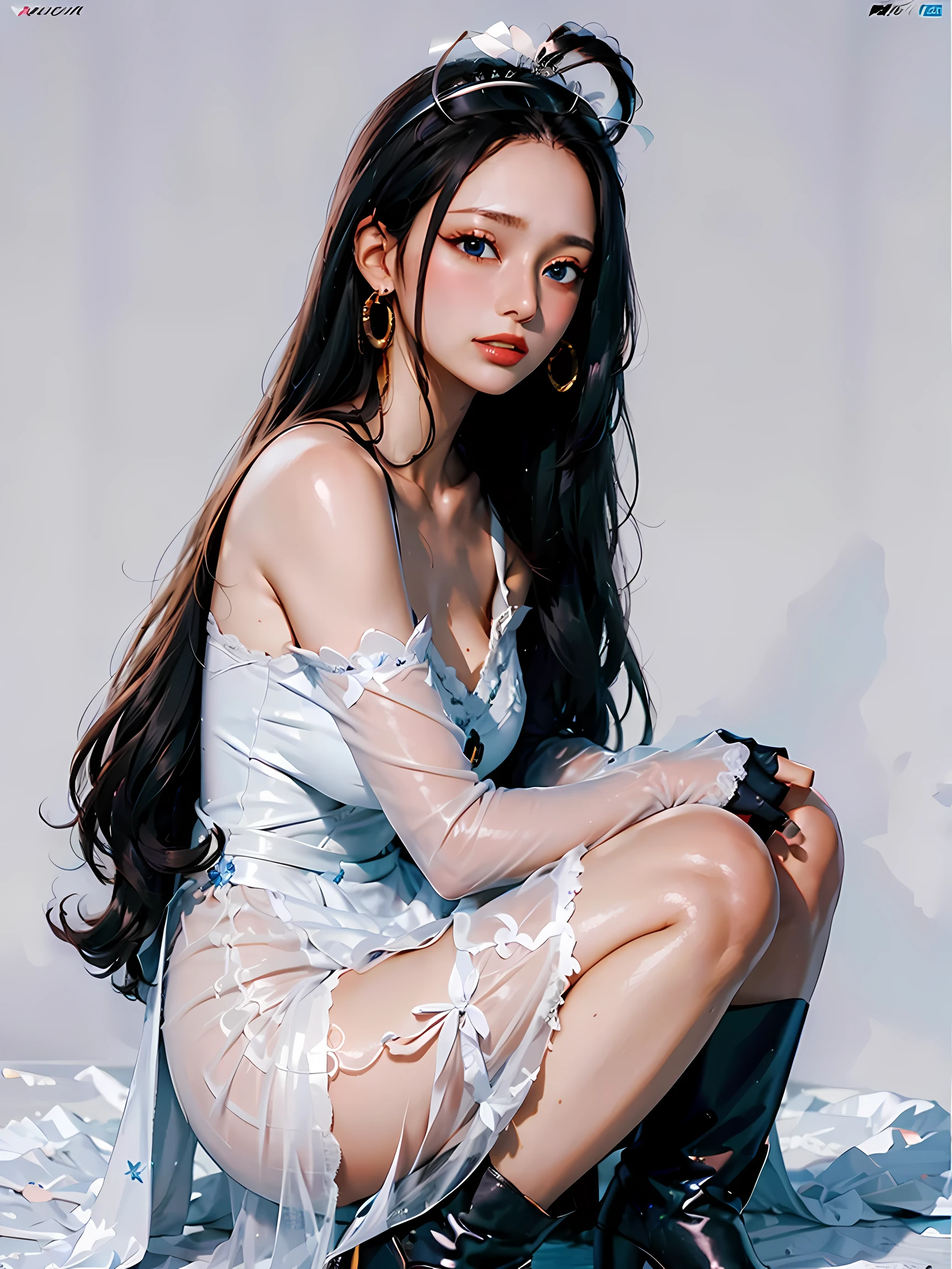 Korean, Realistic, artwork, final detail, photo Realistic, intricate detail, octane rendering, 8K, 1 girl, full body, perfect face, pretty face, , reference, hair detail, black bow, black gloves, black legs, blue eyes, blue hair, bow, collarbone, dress, sticking hair, ruffles, ruffles, gloves,  headdress, high resolution, long hair, parted lips, puffed sleeves, purple eyes, smile, alone, white dress, oily skin,