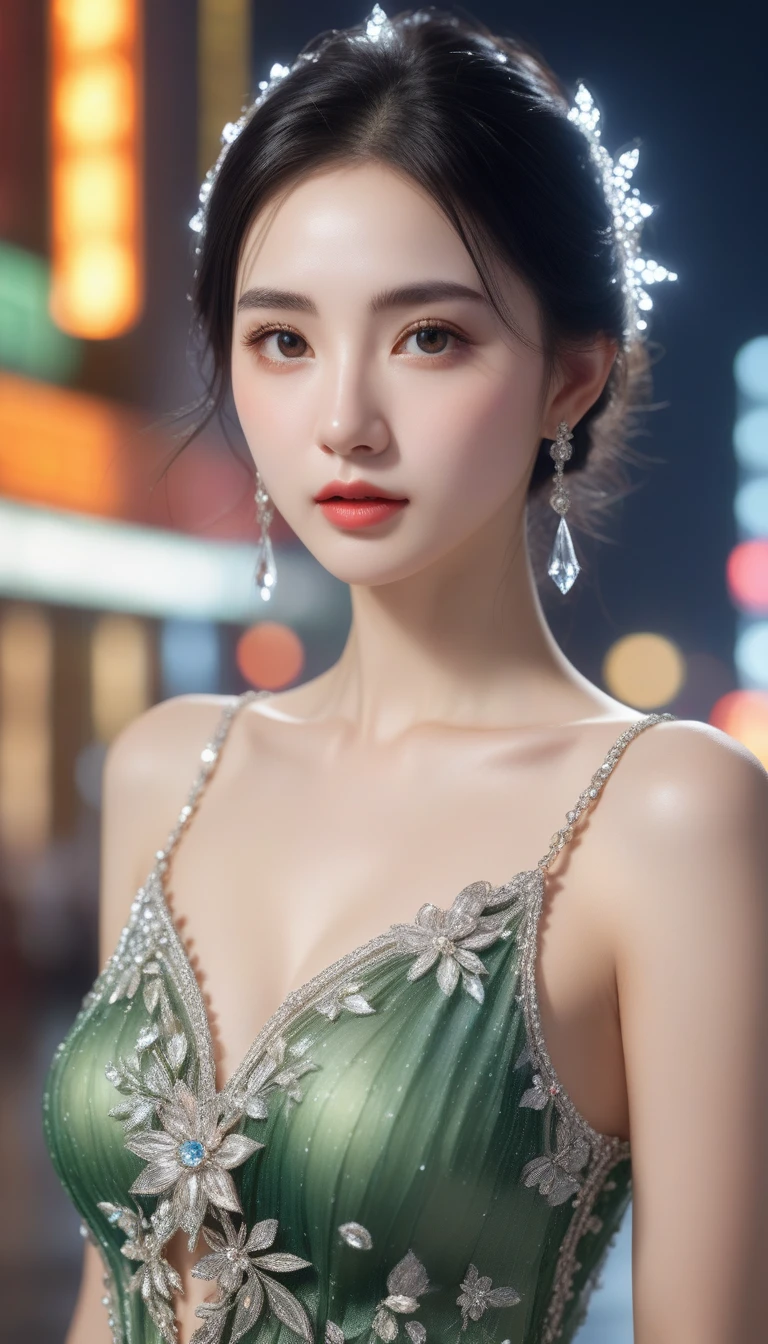 (8k、top-quality、​masterpiece:1.2)、((addielyn, Wearing glass, Black hair)), Random posture, (An extremely delicate and Beautiful work), (masutepiece), 1girl in, Highly detailed elegant wedding dresses, tiarra, Highly detailed, ponytail contorted, Charming expression, Beautiful and clear eyes, green eye pupil, delicate necklaces, Delicate earrings background blurred, extreme detail description, Beautiful, Charming, Ultra-fine painting, Delicate face, Delicate figure, thin clavicle, Lovely lips, soft behind, mix4,(8K, Raw photo, Best Quality, masutepiece:1.2), (Realistic, photo-Realistic:1.37),1girl in,Cute,Cityscape, Night, Rain, Wet, Professional Lighting, Photon mapping, Radio City, Physically-based rendering, above waist,