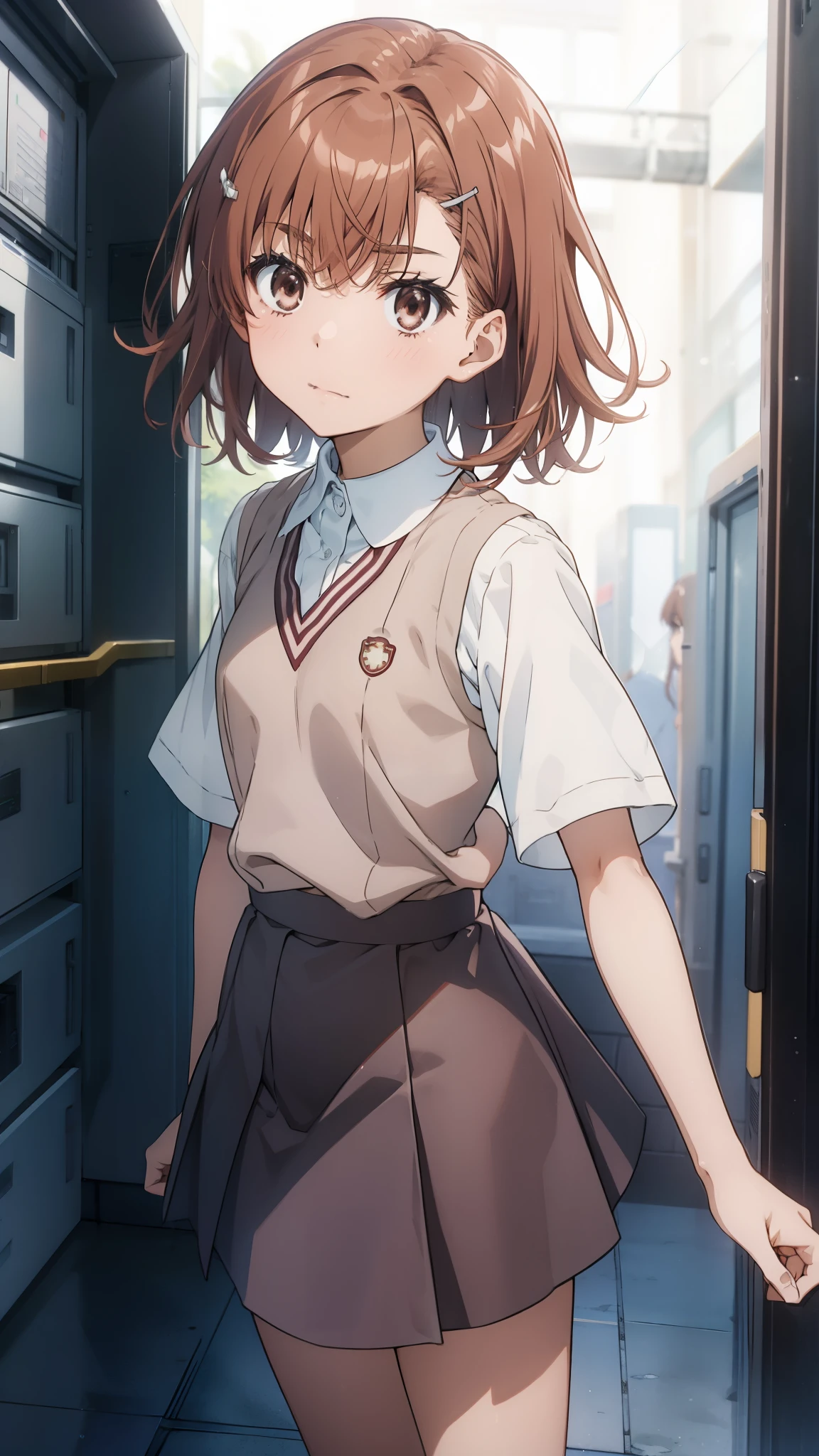 Misaka Mikoto、clear image、highest quality、8K、brown hair、Asymmetrical berry shorthair、hairpin、Tokiwadai Junior High School short sleeve uniform、School、arm in arm、