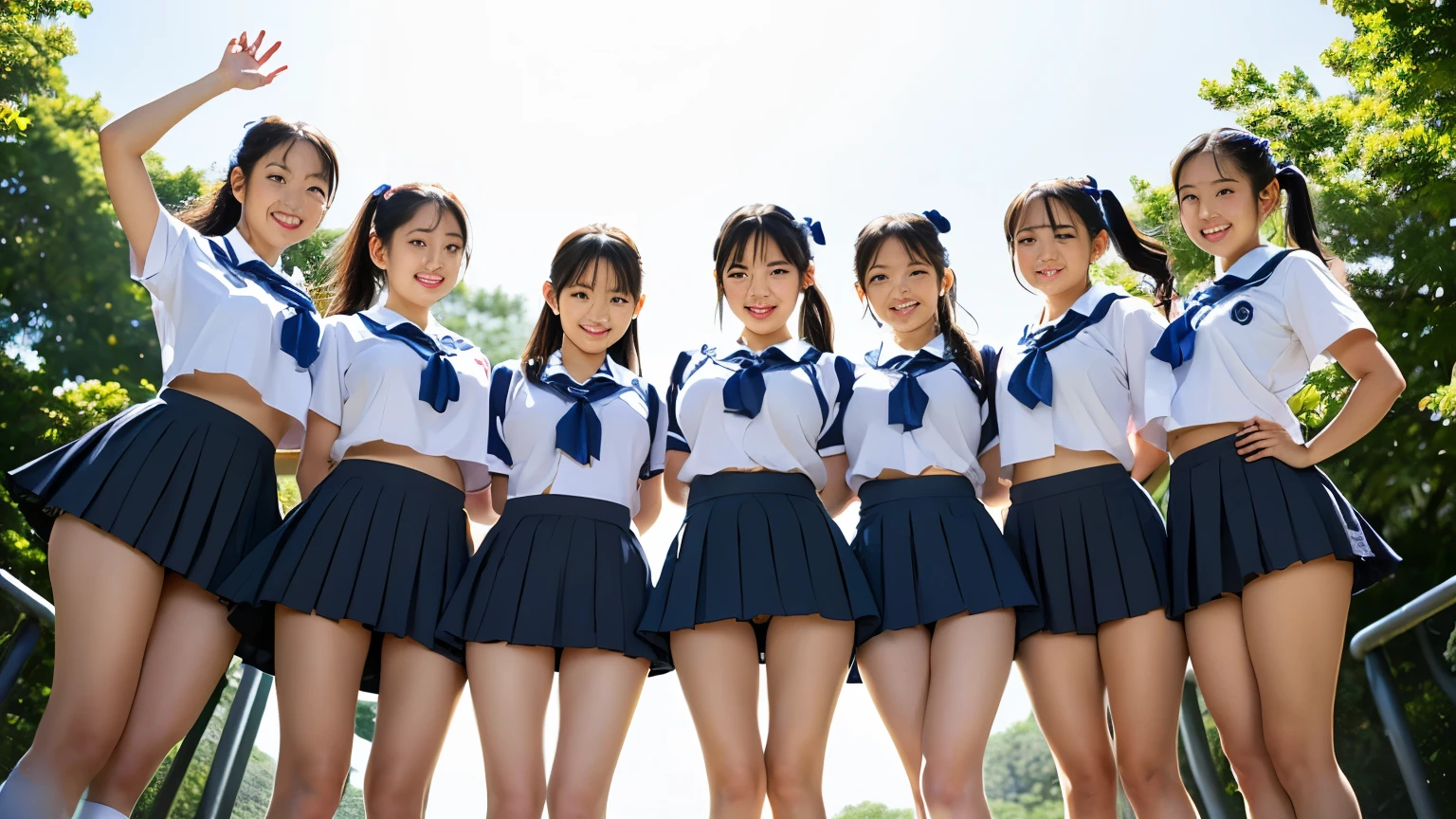 (8K、Raw photography、highest quality、masterpiece:1.2),(black hair:1.5),(Mr..々cute hairstyle、bob cut、very short hair、ponytail、twin tails:1.4),(6 high school girls、all the girls are so beautiful、wearing school uniform:1.6)、(plaid skirt: 1.2)、(Clothing that emphasizes the shape of your chest、big breasts:1.6)、(Group attendance at school:1.4)、ultra high resolution,(grassland:1.3)、(japanese woman: 1.2),(Photoreal:1.37)、photon mapping,reality、(They all look like idols and are cute: 1.7)、(cute smile: 1.7)、(round face: 1.8)、(baby face: 1.2)、radio city、Physically based rendering、depth of field rally background、photograph, (Wearing a skirt that is too short: 2.0)、((super mini skirt、her skirt is short、white panties are visible..:1.4)),(all wearing very short skirts、angle from below、Thighs look beautiful: 1.5)、whole body、super fine、((show off panties:1.4)),(6 high school girls lift up the skirt:1.39)、A girl with an extremely cute young face:1.2、thin body,thin legs,(very small face),(NSFW:1.15)