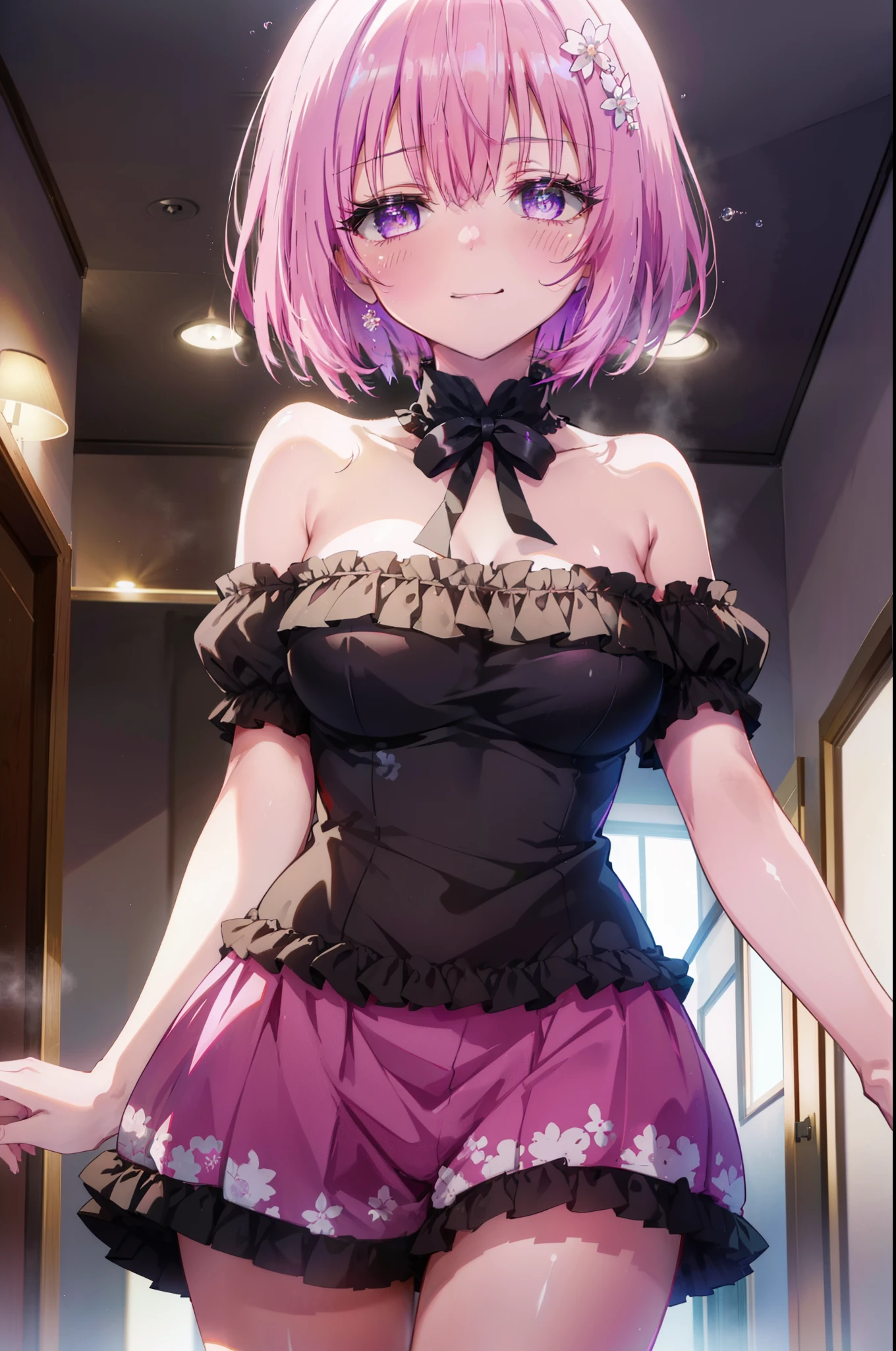 Momodeviluke, Deviluke type, demon tail, hair flower, hair ornaments, (purple eyes:1.1), pink hair, short hair, tail, smile,Smile, smile, open your mouth,
break demon tail, looking at the viewer, heart-shaped eyes,  blush，show viewer, from below, concentrated, Beyond the particles of light, love hotel bedroom, Pink pajamas　The front is open,black string underwear,medium chest,crawl on all fours,
break indoors, classroom,
break looking at viewer, (cowboy shot:1.5),
break (masterpiece:1.2), highest quality, High resolution, unity 8k wallpaper, (figure:0.8), (beautiful detailed eyes:1.6), extremely detailed face, perfect lighting, extremely detailed CG, (perfect hands, perfect anatomy),