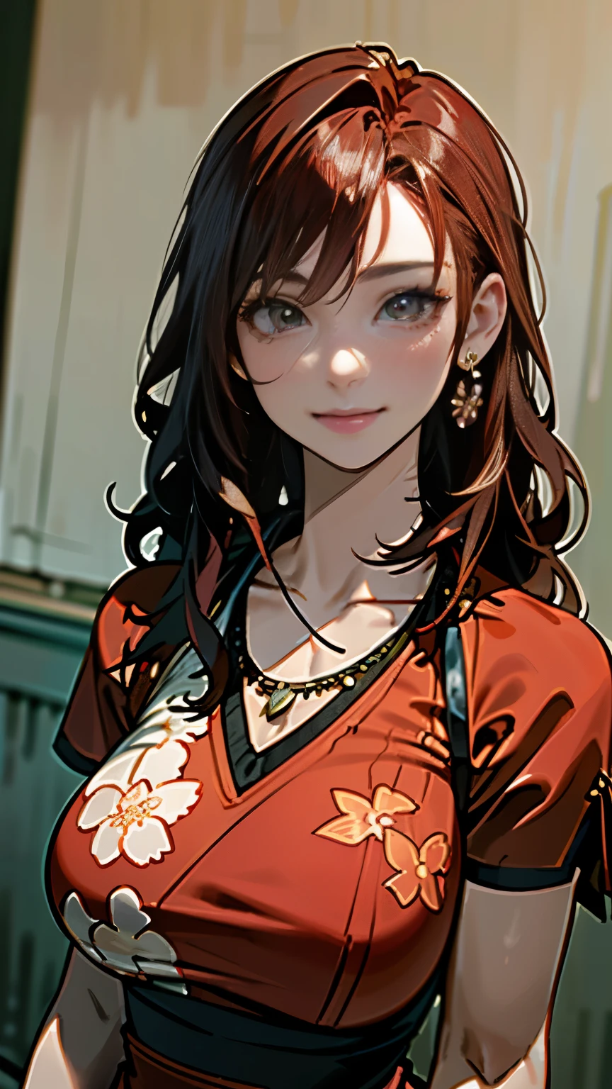 (8K, highest quality, masterpiece:1,2), (realistic, Photoreal:1.37), Super detailed, one girl,), (very detailed), (緻密で美しいeye), (highest qualityの), (Super detailed ), (masterpiece), (detailed face),woman((19 years old)), hair((red, wavy, length)), eye ((redいeye, 大きな eye)), Clothes((China dress, big slit, Floral)), accessories ((earrings, necklace)), huge breasts, big , smile, background,長いhair，redいClothes