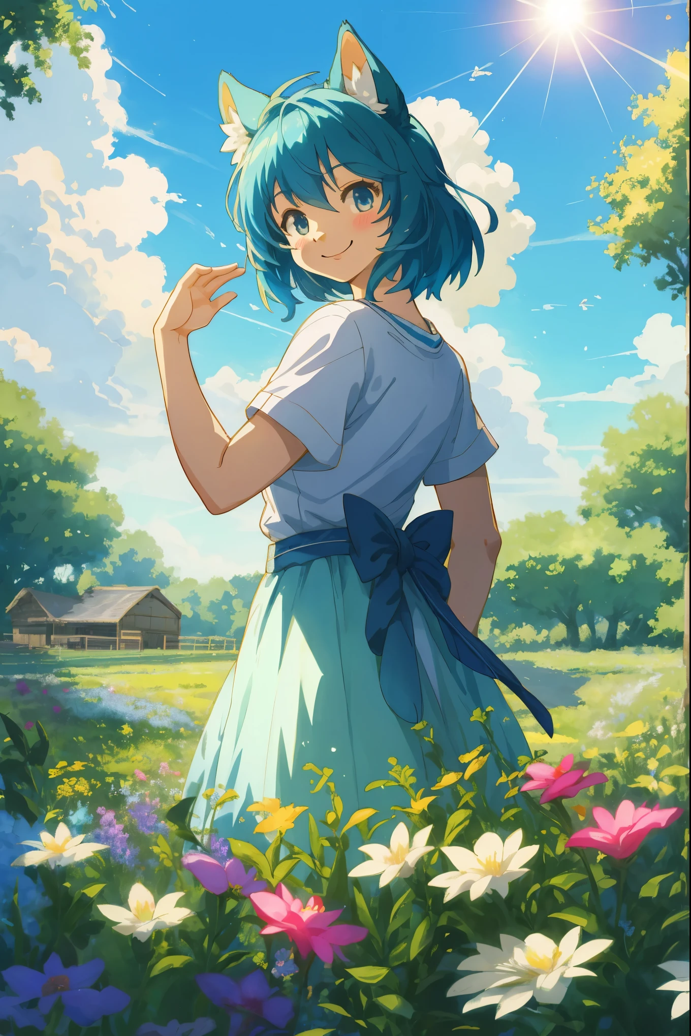 anime key visual, highres, High-quality illustrations, unparalleled masterpiece(movie of life)nature inspired imagery, romanticized views, lively illustrations, whimsical cartoonish, farm, Blue sky, clouds, florals Beautiful garden(furry anthro, solo, girl, casual fashion, Relux pose, Smile)absurdres, perfect anatomy, caustics, cinematic lighting, lens flare, deep shadow, dynamic angle,