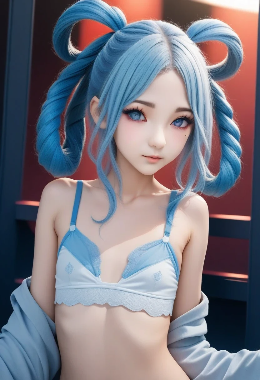 Beautiful illustration of a delicate woman with blue eyes and blue hair from Konosuba series, featuring intricate details like mole under the eye and red blush. High resolution 4K image with fine detail and gradient eyes, showcasing a masterpiece in top-quality digital art. Artistically rendered skin texture and light tracing, with a pure white bra, hair adornments, and thigh-highs, set in a cozy indoor lighting resembling a scene from a movie theater. Character design influences from Aisha Hanabi, flat chest, with hair rings and long flowing blue hair.
