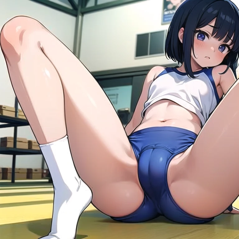 Anime girl sitting cross-legged on the floor, anime girl squatting, Beautiful anime girl squatting, 4k, seductive anime girl, Also, a-1 photo, Smooth anime CG art, kneel down!!, anime moe art style, [ 4k digital art ]!!, Gym suit、bloomers, black hair、shortcut、gymnasium warehouse、young face、baby face、(spread your legs)、camel toe, naughty anime style, anime girl squatting, Beautiful charming anime teen,  surreal