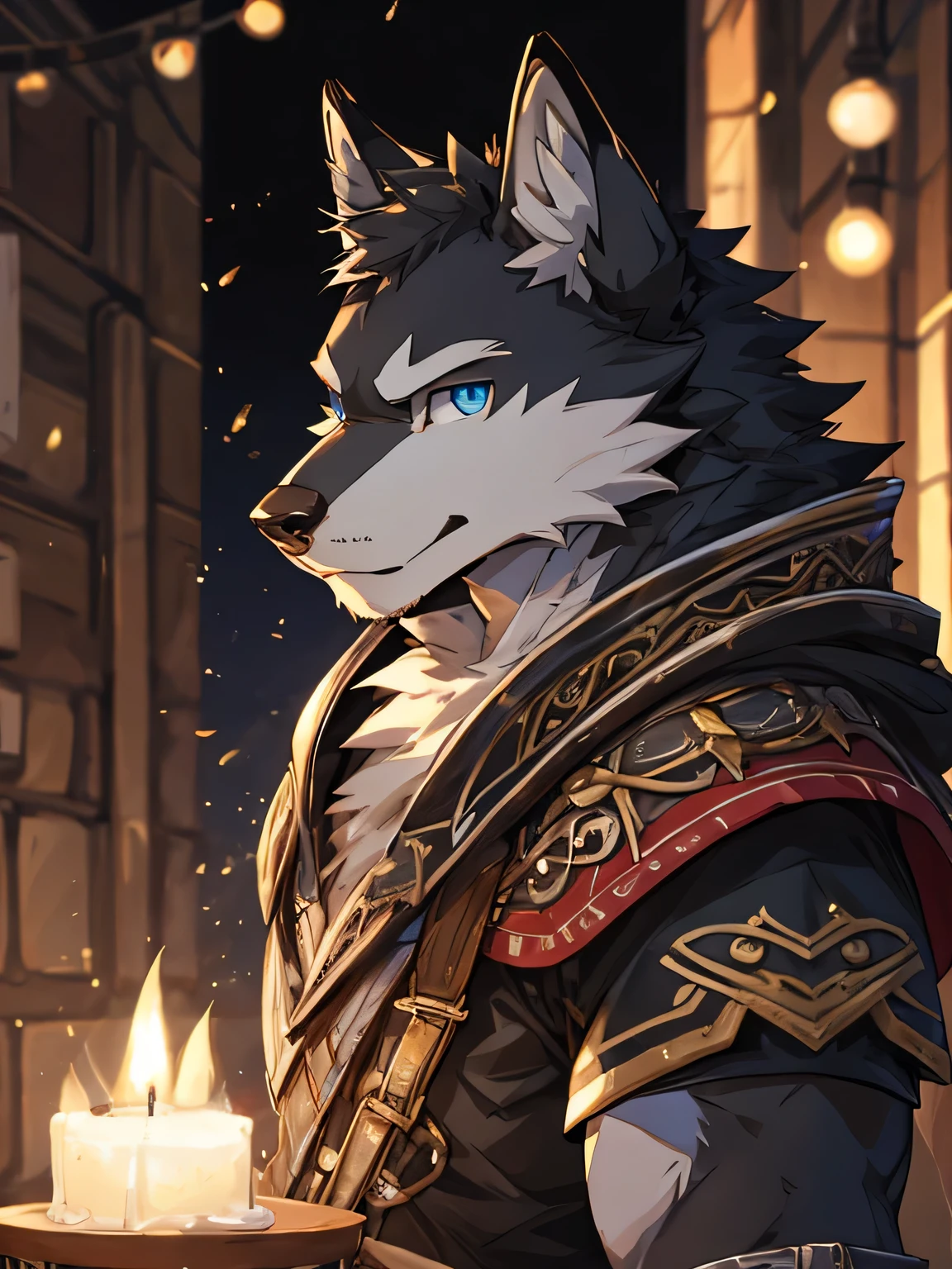 masterpiece ,best quality ,delicate face ,delicate eyes ,perfect anatomy ,Super detailed ,depth of field ,perfect lighting ,light particles ,Vibrant colors , sharp lineart ,furry male wolf , Anthropomorphic black wolf ,teenager , black body ,white belly ,blue eyes ,adventurer cloth ,by empty ghost,by Pino Deheni