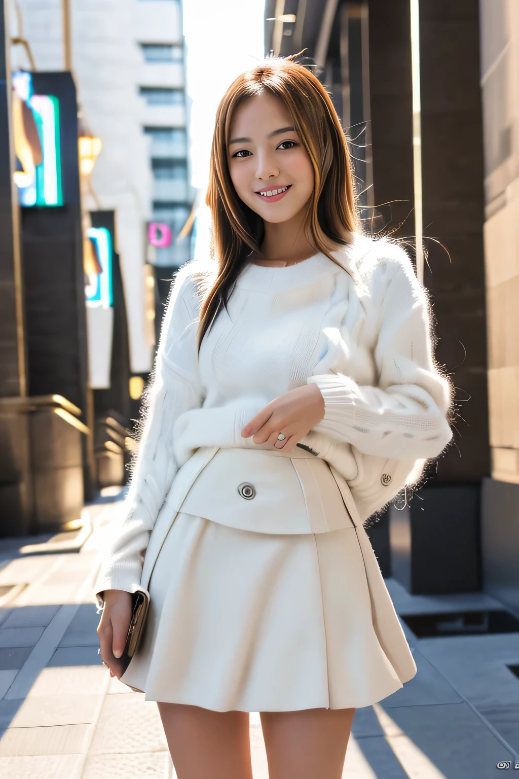 masterpiece, highest quality, Photoreal, Super detailed, finely, High resolution, 8k wallpaper, Professional, Advanced level of detail, (College girl posing in the city:1.2), slender Japanese woman, ((facing the front:1.5)), detailed clavicle, Medium chest、perfect face, medium long hair, chestnut hair、(White sweater:1.5)、(Glay mini flared skirt:1.8)、(White long boots:1.2)、gentle smile、(full body shot:1.5)、(brown skin:1.5)