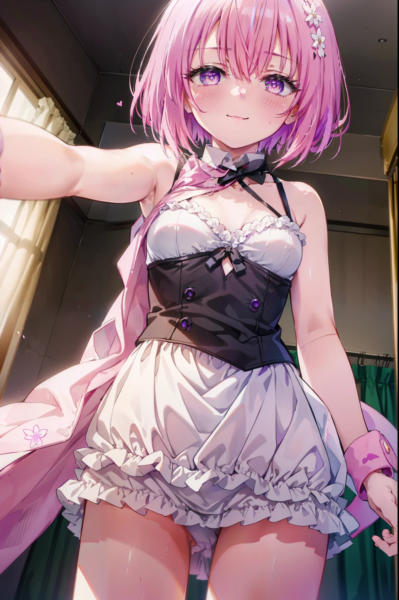 Momodeviluke, Deviluke type, demon tail, hair flower, hair ornaments, (purple eyes:1.1), pink hair, short hair, tail, smile,Smile, smile, open your mouth,
break demon tail, looking at the viewer, heart-shaped eyes,  blush，show viewer, from below, concentrated, Beyond the particles of light, love hotel bedroom, Pink pajamas　The front is open,black string underwear,medium chest,crawl on all fours,
break indoors, classroom,
break looking at viewer, (cowboy shot:1.5),
break (masterpiece:1.2), highest quality, High resolution, unity 8k wallpaper, (figure:0.8), (beautiful detailed eyes:1.6), extremely detailed face, perfect lighting, extremely detailed CG, (perfect hands, perfect anatomy),