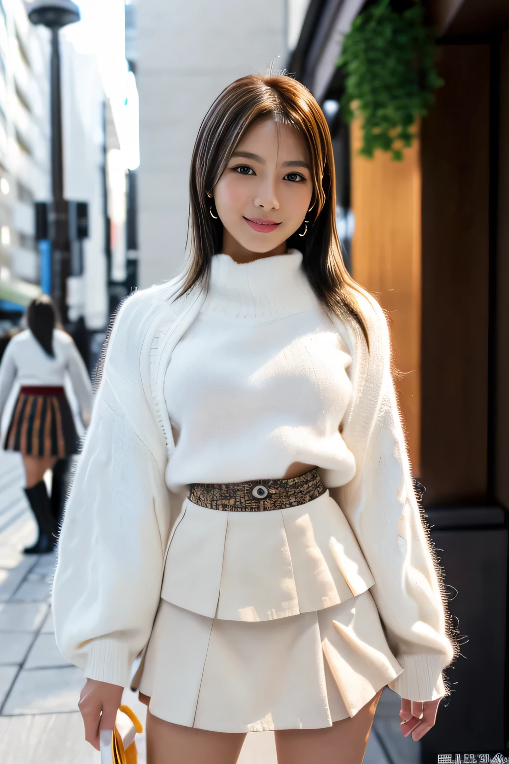 masterpiece, highest quality, Photoreal, Super detailed, finely, High resolution, 8k wallpaper, Professional, Advanced level of detail, (College girl posing in the city:1.2), slender Japanese woman, ((facing the front:1.5)), detailed clavicle, Medium chest、perfect face, medium long hair, chestnut hair、(White sweater:1.5)、(Glay mini flared skirt:1.8)、(White long boots:1.2)、gentle smile、(full body shot:1.5)、(brown skin:1.5)