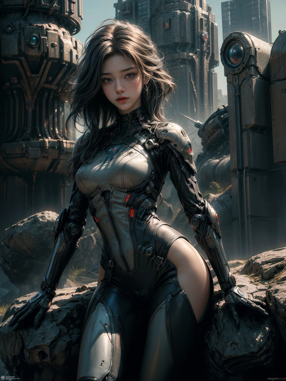 ((masterpiece, highest quality, Highest image quality, High resolution, photorealistic, Raw photo, 8K)), Ultra Wide Angle, Alien Landscap, A female stands next to an Alafedro robot on top of a hill, influenced by Stefan Koidl's background of discarded mechas. The art created by Craig Mullins, specifically in the style of Craig Mullins' Necro, portrays a detailed and futuristic science fiction scene. The emphasis is on SF concept art, with vivid colors and sharp focus. The overall lighting captures the essence of concept art in films,