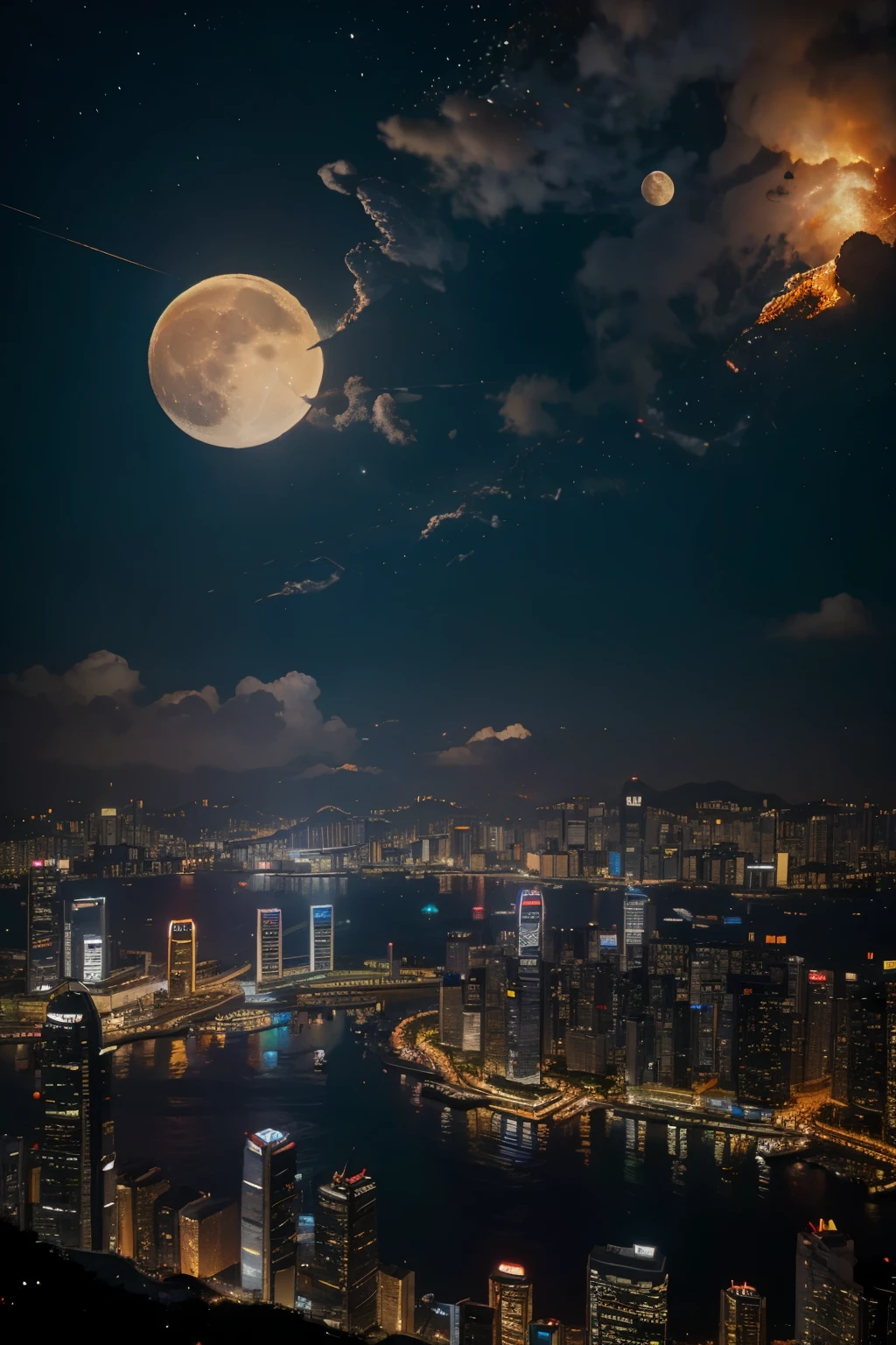 masterpiece, high quality, 4k, ultra realistic, dslr, hongkong harbor on fire, moon on fire, city burning, cars destroyed, galaxy above, neon signs, destroyed builldings