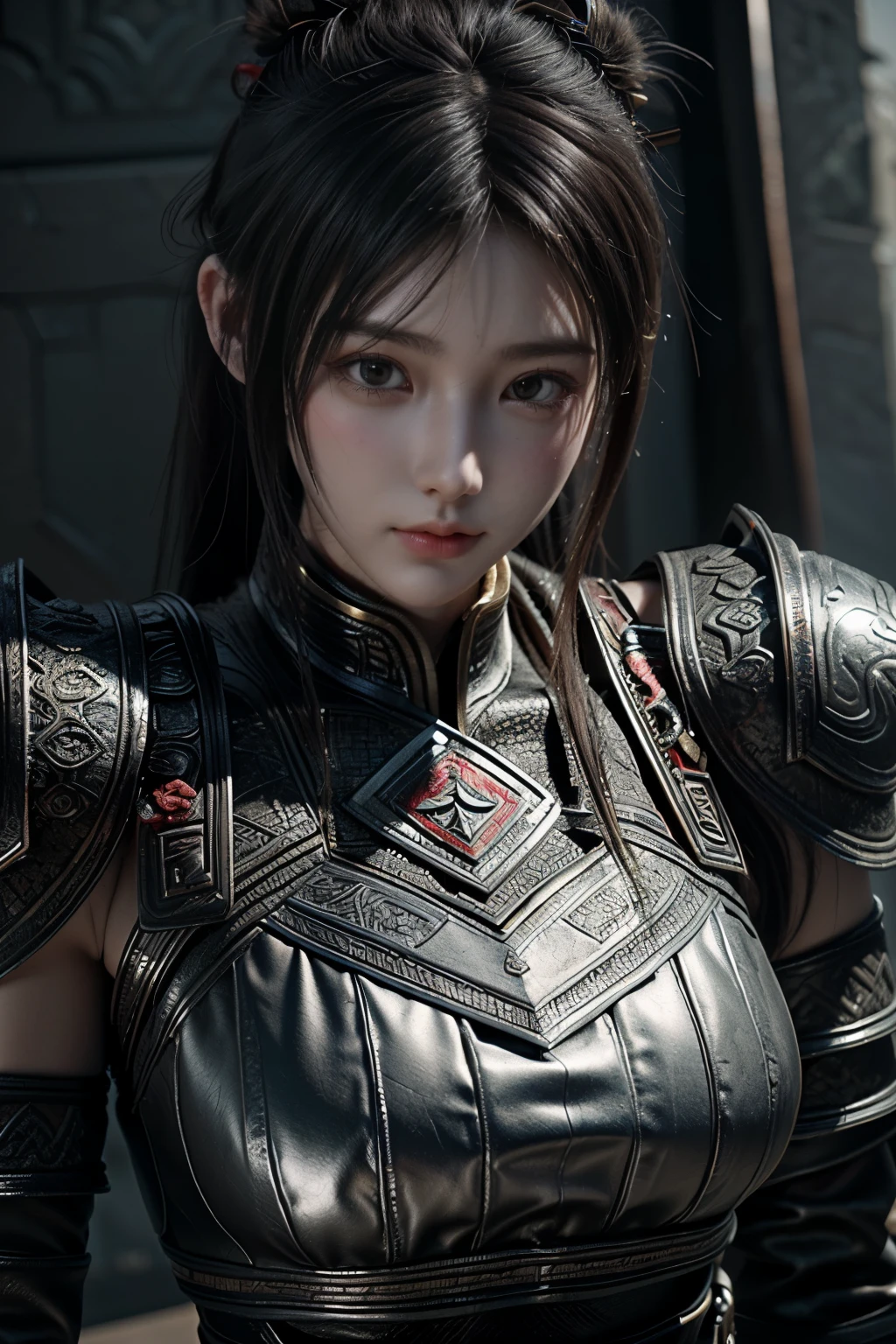 Game art，The best picture quality，Highest resolution，8K，(A bust photograph)，(Portrait)，(Head close-up)，(Rule of thirds)，Unreal Engine 5 rendering works， (The Girl of the Future)，(Female Warrior)， 
 girl，(The generals of ancient China)，An eye rich in detail，(Big breasts)，Elegant and noble，indifferent，brave，
(Wearing ancient Chinese style armor，Armor of Tang Dynasty，Costumes are rich in detail，Metallic luster，Silver gray)，Chinese characters，fantasy style，
photo poses，wild background，Movie lights，Ray tracing，Game CG，((3D Unreal Engine))，OC rendering reflection pattern