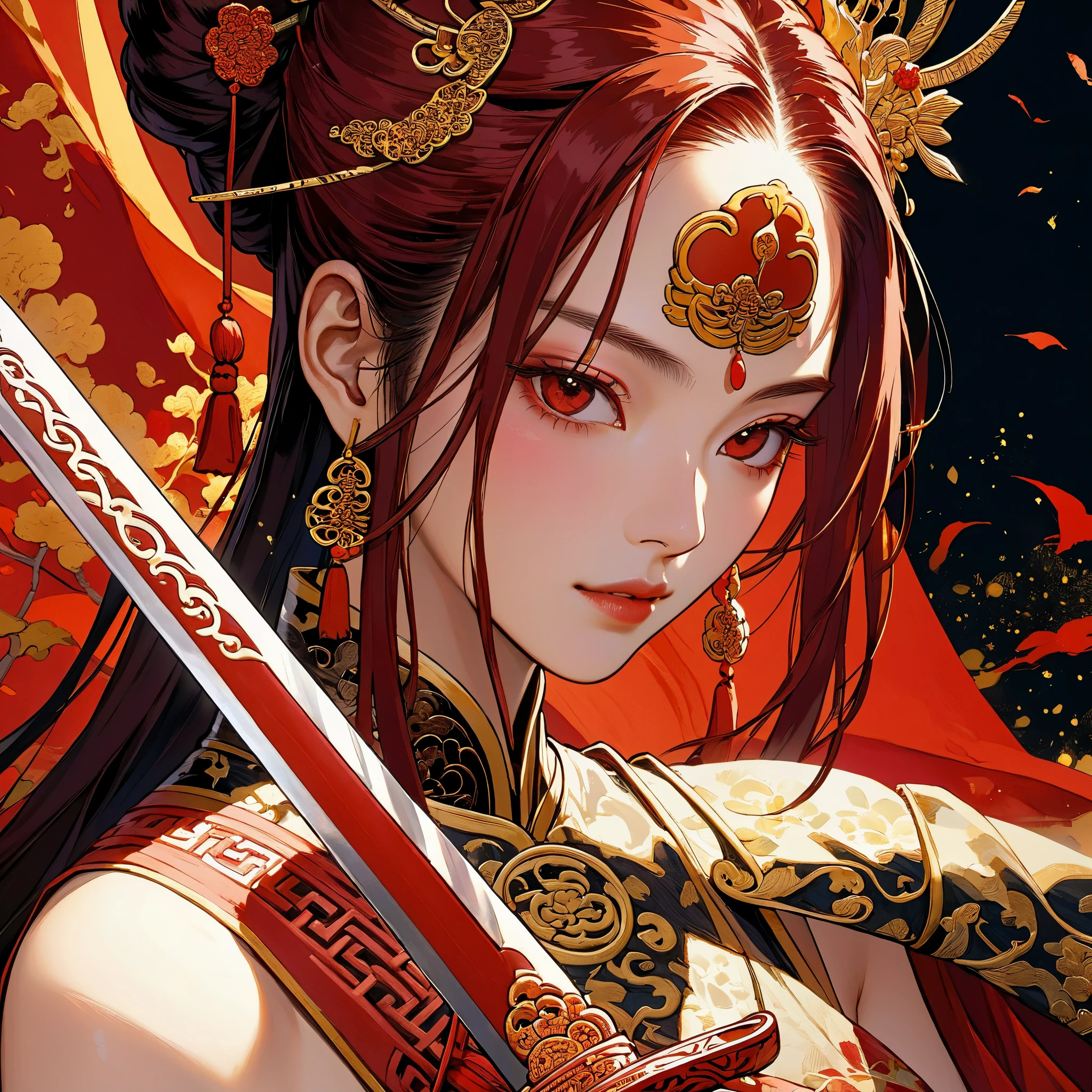 （（8K：1.4））， Impeccable， accuracy， （high resolution：1.2）， （Very detailed）， high quality， （masterpiece：1.8）， ((Extreme close-up of huge sword blade))，(((Very detailed的中国少女面部特写肖像画)))，The girl drew her sword，bare shoulder，((Chinese bun))， （Long red hair）， （Red iris：1.2），（（anatomically accurate：1.6）），((90 degree vertical blade，Block half of the face vertically：1.5))， (((wide crimson blade:1.8)))，(Close-up of part of the broad sword blade)，Covering half of the face，，The blade and the face each occupy half of the frame，Incomplete artistic beauty，half face art，Red and black blood splatter background，Red-eyed，Red Chinese costume，gold embroidery，