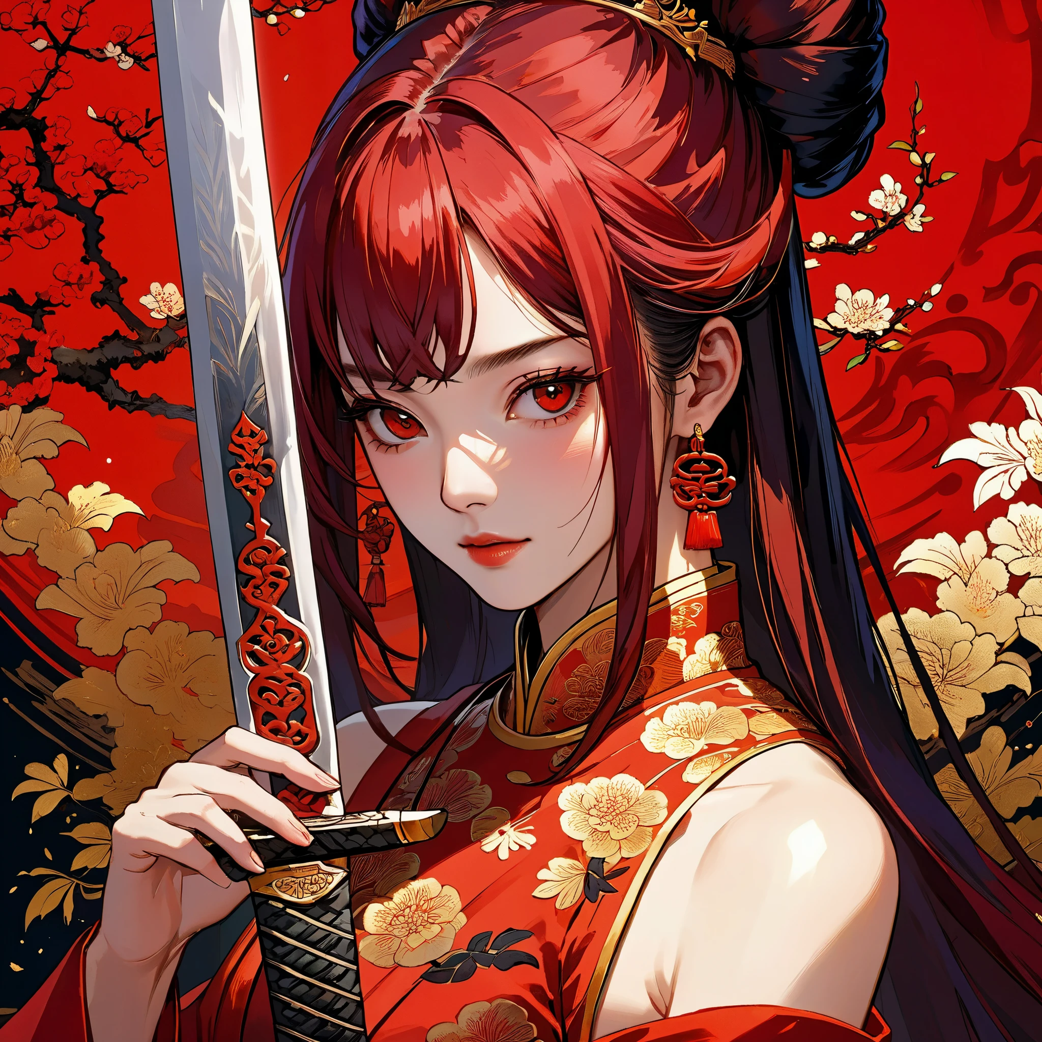 ((8K:1.4)), Impeccable, accuracy, (high resolution:1.2), (Very detailed), high quality, (masterpiece:1.8), ((Extreme close-up of huge sword blade)),(((Very detailed的中国少女面部特写肖像画))),The girl drew her sword,bare shoulder,((Chinese bun)), (Long red hair), (Red iris:1.2),((anatomically accurate:1.6)),((90 degree vertical blade,Block half of the face vertically:1.5)), (((wide crimson blade:1.8))),(Close-up of part of the broad sword blade),Covering half of the face,,The blade and the face each occupy half of the frame,Incomplete artistic beauty,half face art,Red and black blood splatter background,Red-eyed,Red Chinese costume,gold embroidery,
