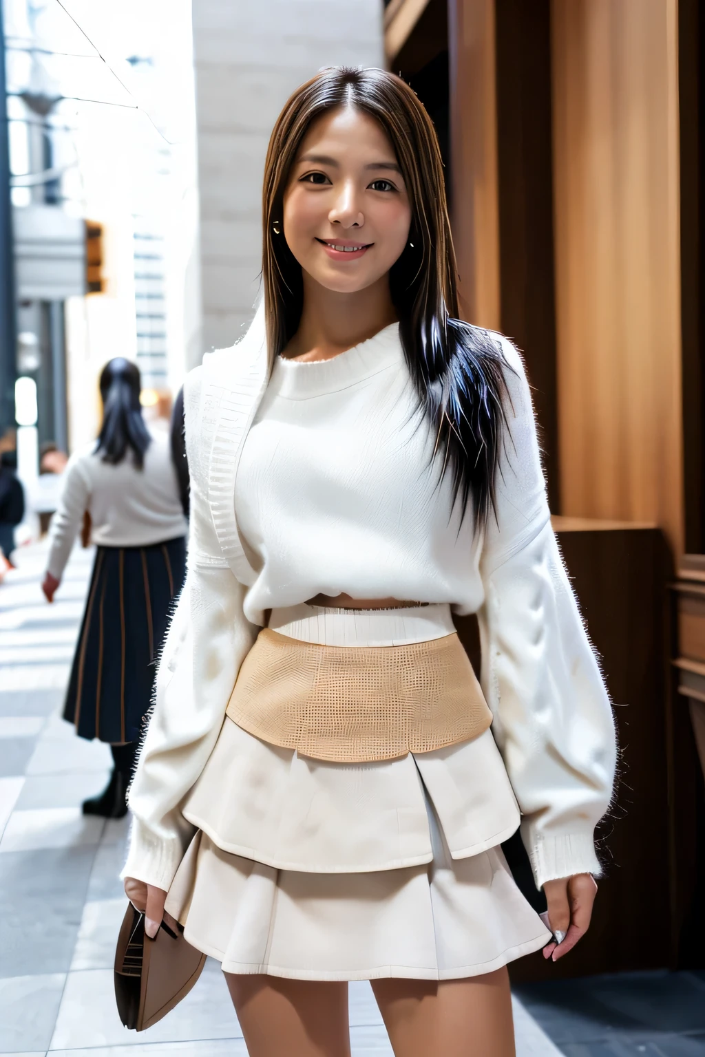 masterpiece, highest quality, Photoreal, Super detailed, finely, High resolution, 8k wallpaper, Professional, Advanced level of detail, (College girl posing in the city:1.2), slender Japanese woman, ((facing the front:1.5)), detailed clavicle, Medium chest、perfect face, medium long hair, chestnut hair、(White sweater:1.5)、(Glay mini flared skirt:1.8)、(White long boots:1.2)、gentle smile、(full body shot:1.5)、(brown skin:1.5)