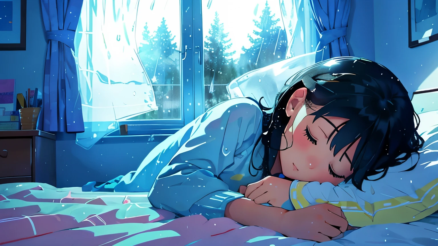 Girl sleeping in bedroom,inside the bedroom,that'It's raining outside the window,that'Outside the window, it's raining heavily.,cute,clear details,covered with a quilt