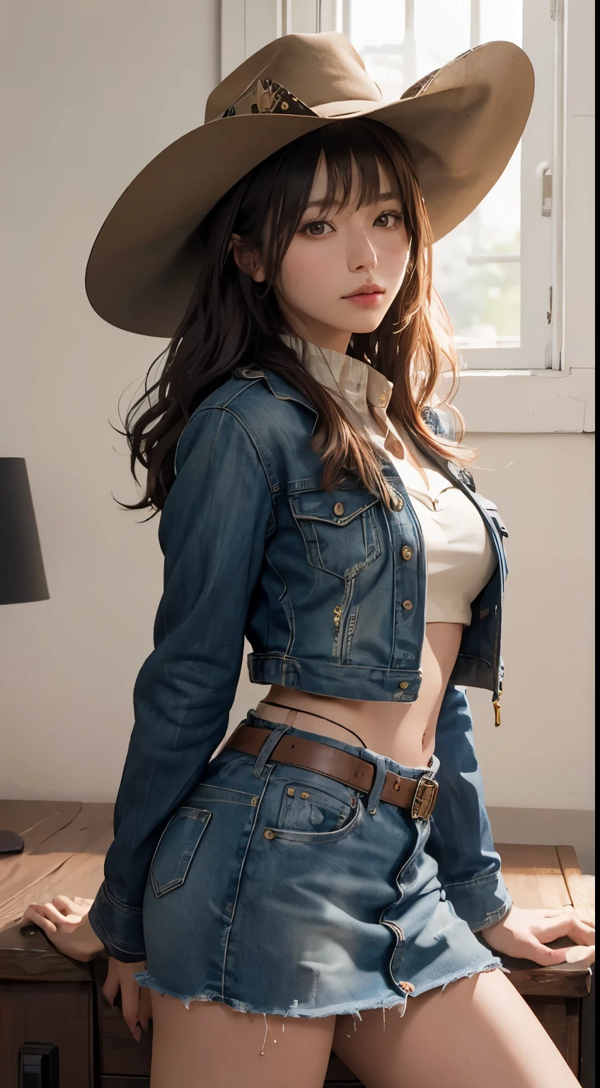 "Girl in cowboy hat, leather jacket and denim mini skirt, album cover art：Yang J, Social trend CG, Beautiful witch cowboy, Cowgirl, beautiful thighs、beautiful panties、western Cowgirl, forest, Dress up as a western sheriff., female Cowgirl, korean girl" (highest quality, 10, High resolution:1.2), Super detailed, (realistic:1.37), Portrait, full body, color々pose from different angles,, 鮮やかなcolor, warm light