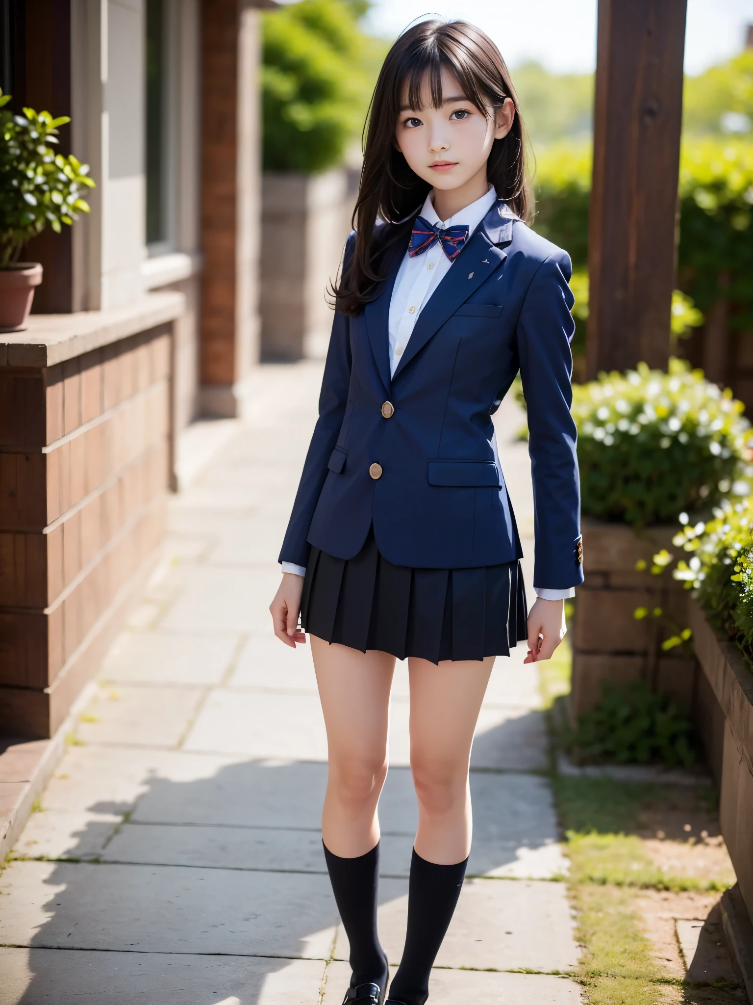 (masterpiece, highest quality:1.4), award-winning portraits, 8K, 85mm, alone, beautiful face, delicate girl, , (dark navy blazer jacket, turn your arms behind your back, close your face:1.2), dark navy skirt, long sleeve, violaces, gardenia, grace, Sophisticated, cute, teen, looking at the viewer, 15 years old, Raw photo, disorganized, HDR, sharp focus, A bow tie, background bokeh、(((flat 、thin and delicate body、A childish atmosphere)))、shiny semi-long hair、hair swaying in the wind、Mole on the left cheek、large, round, dark blue eyes、full body、random pose
