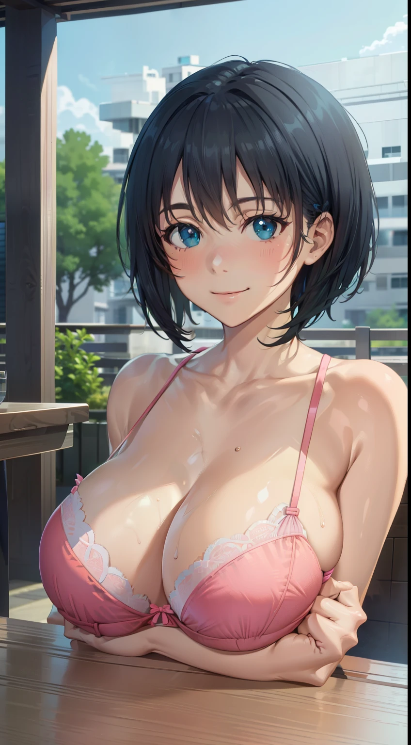 ((table top, highest quality, High resolution, nffsw, perfect pixel,  4k, nffsw, nffsw))), 1 girl, single, alone, Beautiful woman、I could see the whole body、 Poolside、(short cut hair、black hair)), ((blue eyes, beautiful eyelashes, realistic eyes)), ((detailed face, blush:1.2)), ((smooth texture:0.75, realistic texture:0.65, realistic:1.1, Anime CG style)), Big breasts that are about to burst:1.7, dynamic angle, perfect body,  (pink bra、pink panties、Very embarrassing panic smile, 