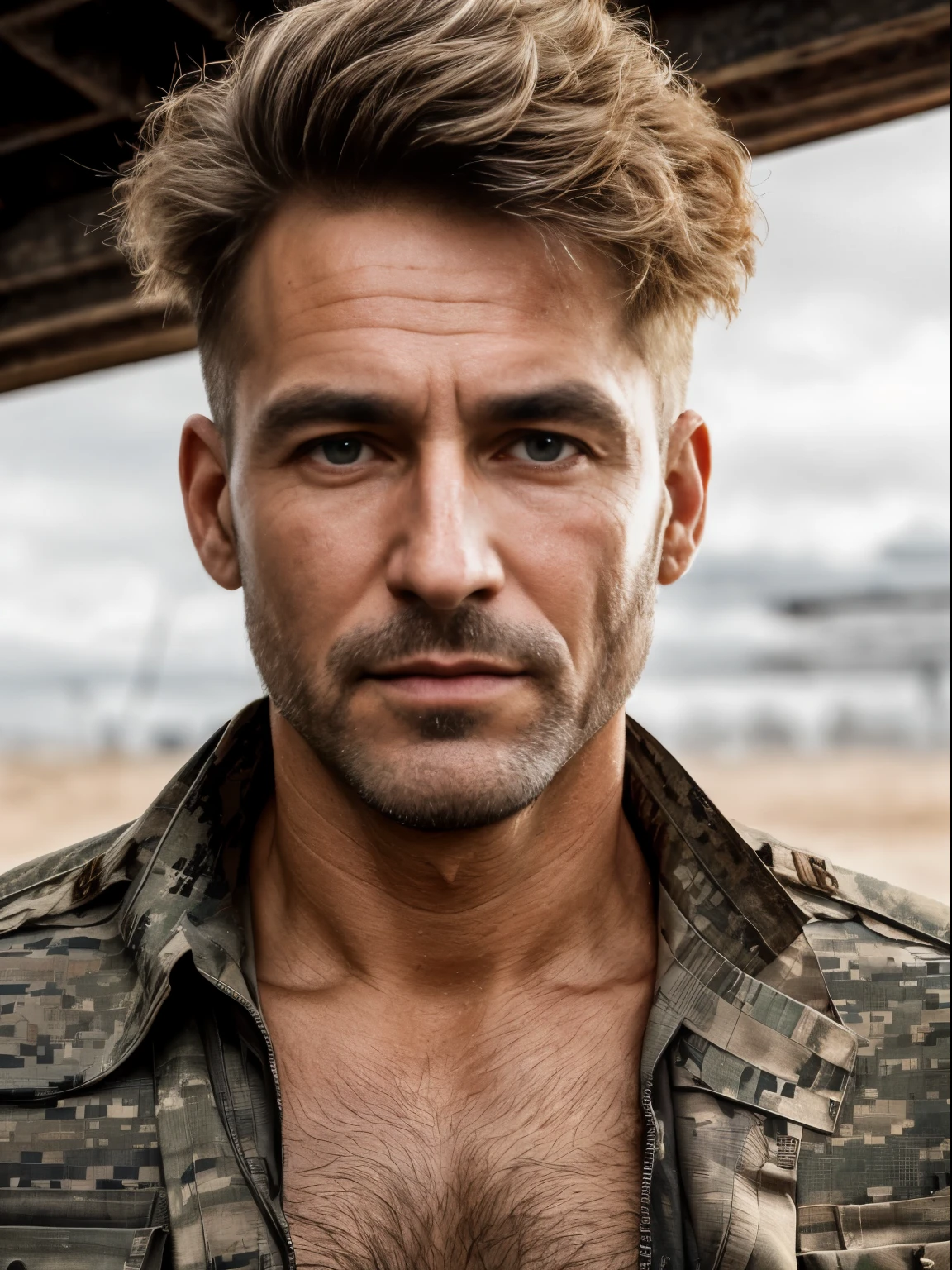 masterpiece, best quality, high resolution, closeup portrait, male focus, solo focus, A man, 55 years old, with military clothes, soldier, blonde bleached hair, messy hairstyle, cute and seductive face, bare chest, body hair, facial hair, roman nose, very skinny body, hairy legs, dimples, beard, bold jawline , in the background a millitary camp and other soldiers, view from below, amazing composition, front view, HDR, ultra quality, elegant, highly detailed