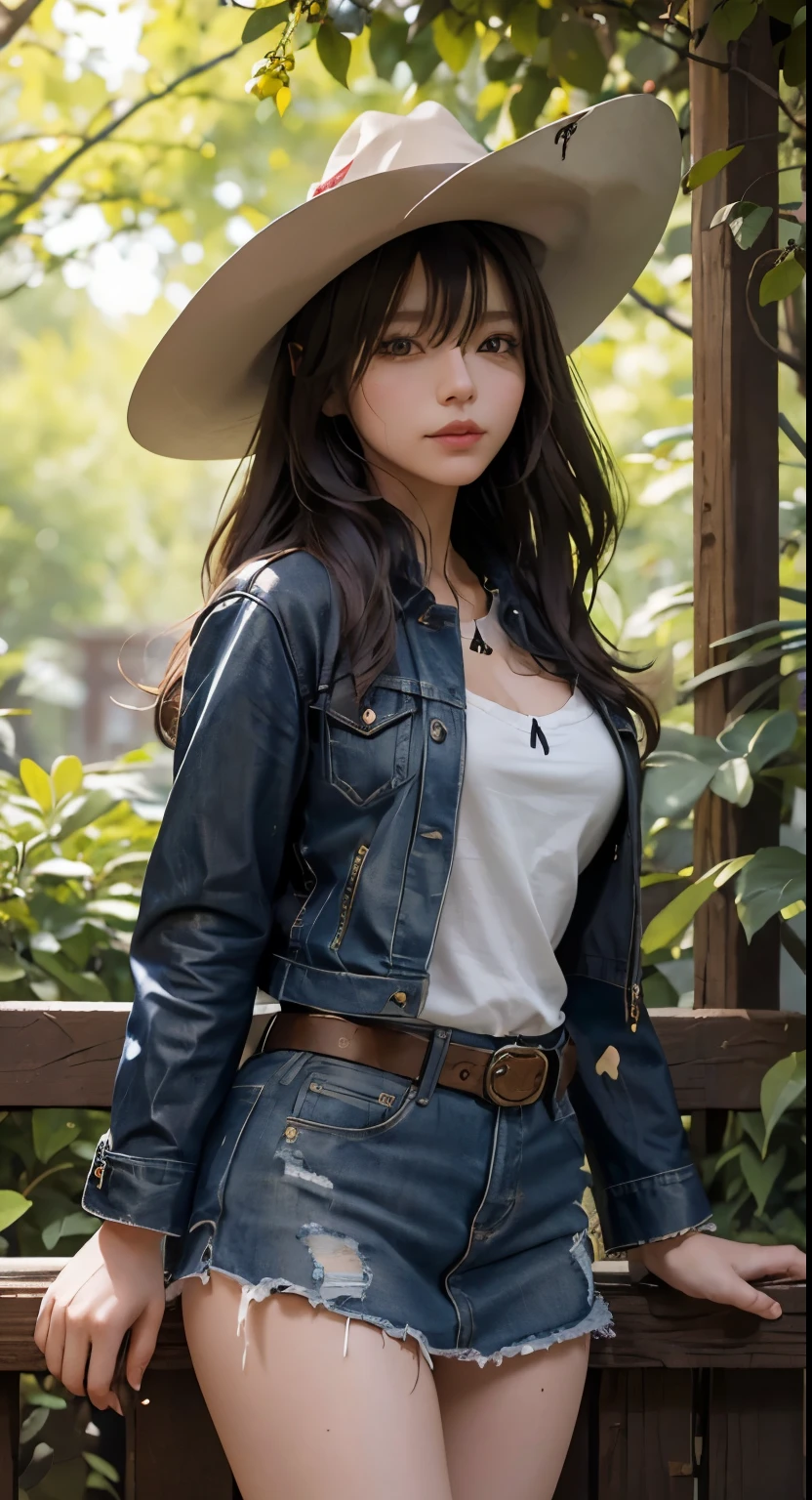 "Girl in cowboy hat, leather jacket and denim mini skirt, album cover art：Yang J, Social trend CG, Beautiful witch cowboy, Cowgirl, beautiful thighs、beautiful panties、western Cowgirl, forest, Dress up as a western sheriff., female Cowgirl, korean girl" (highest quality, 10, High resolution:1.2), Super detailed, (realistic:1.37), Portrait, full body, color々pose from different angles,, 鮮やかなcolor, warm light