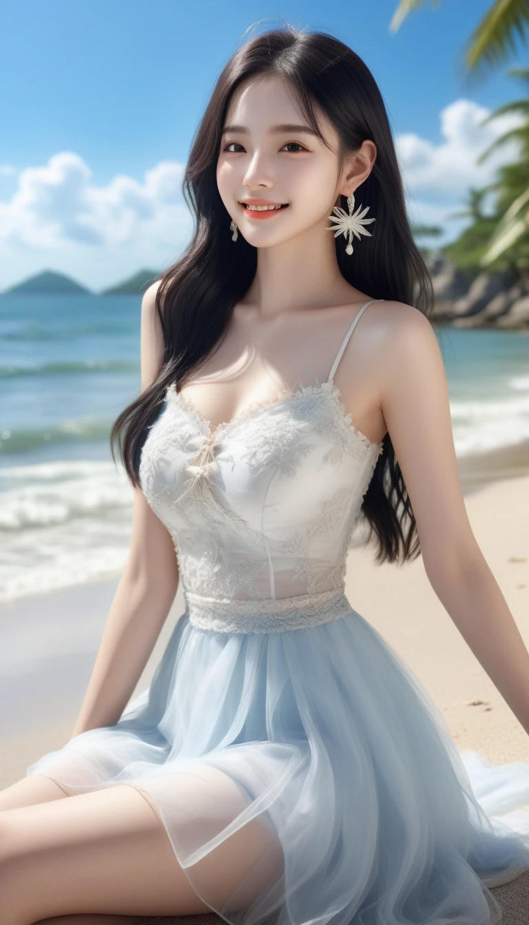 A young and beautiful,Beautiful cute girl，half-body photo。Extremely beautiful and delicate，Black color hair，A sweet smile，Delicate and beautiful fair skin，Realistic and realistic，exquisite and complete facial features，Detailed depiction of the face，tall nose bridge，Smooth hair，extremely detail hair，Feminine temperament，with a well-proportioned body，Realiy，White teeth，Tied up with hair，Hyper-realism，sandals，Extreme picture quality,Highest precision,Precise and perfect human anatomy。with blue sky and white clouds，rays of sunshine，(Tutu dress)（telephoto shot，）Express the landscape，Under coconut trees，Highlight portrait。Sitting on the beach by the sea。Wearing earrings，Sideways photo,