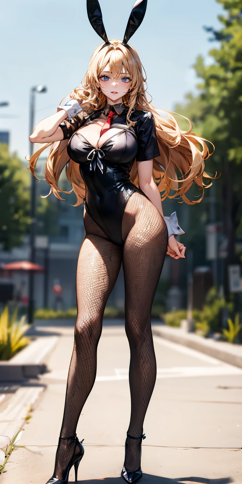 （（highest quality，8K，T Masterpiece：1.3））， sharp focus：1.2，cute woman with perfect figure：1.4，（（（（（huge cleavage））），（ridiculously big breasts：1.5），straight hair、hair blowing in the wind（huge hips），smile，thin abs：1.2，（（beautiful golden hair，：1.4）），Highly deしっぽed face and skin texture，tail eyes，double eyelid、/ (Wear a white top over a black playboy_bunny leotard:1.3), (red tie:1.3), (fake animal ears), (Clothes divided into upper and lower parts:1.2), (short sleeve:1.1), (black bunny girl costume:0.8), (Fishnet tights:1.2), high heels, ((rabbit tail:1.2, rabbit ears)),
