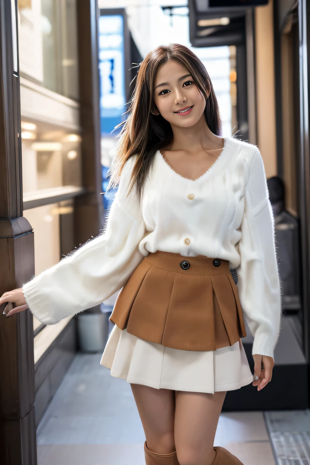 masterpiece, highest quality, Photoreal, Super detailed, finely, High resolution, 8k wallpaper, Professional, Advanced level of detail, (College girl posing in the city:1.2), slender Japanese woman, ((facing the front:1.5)), detailed clavicle, Medium chest、perfect face, medium long hair, chestnut hair、(White sweater:1.5)、(Glay mini flared skirt:1.8)、(White long boots:1.2)、gentle smile、(full body shot:1.5)、(brown skin:1.5)