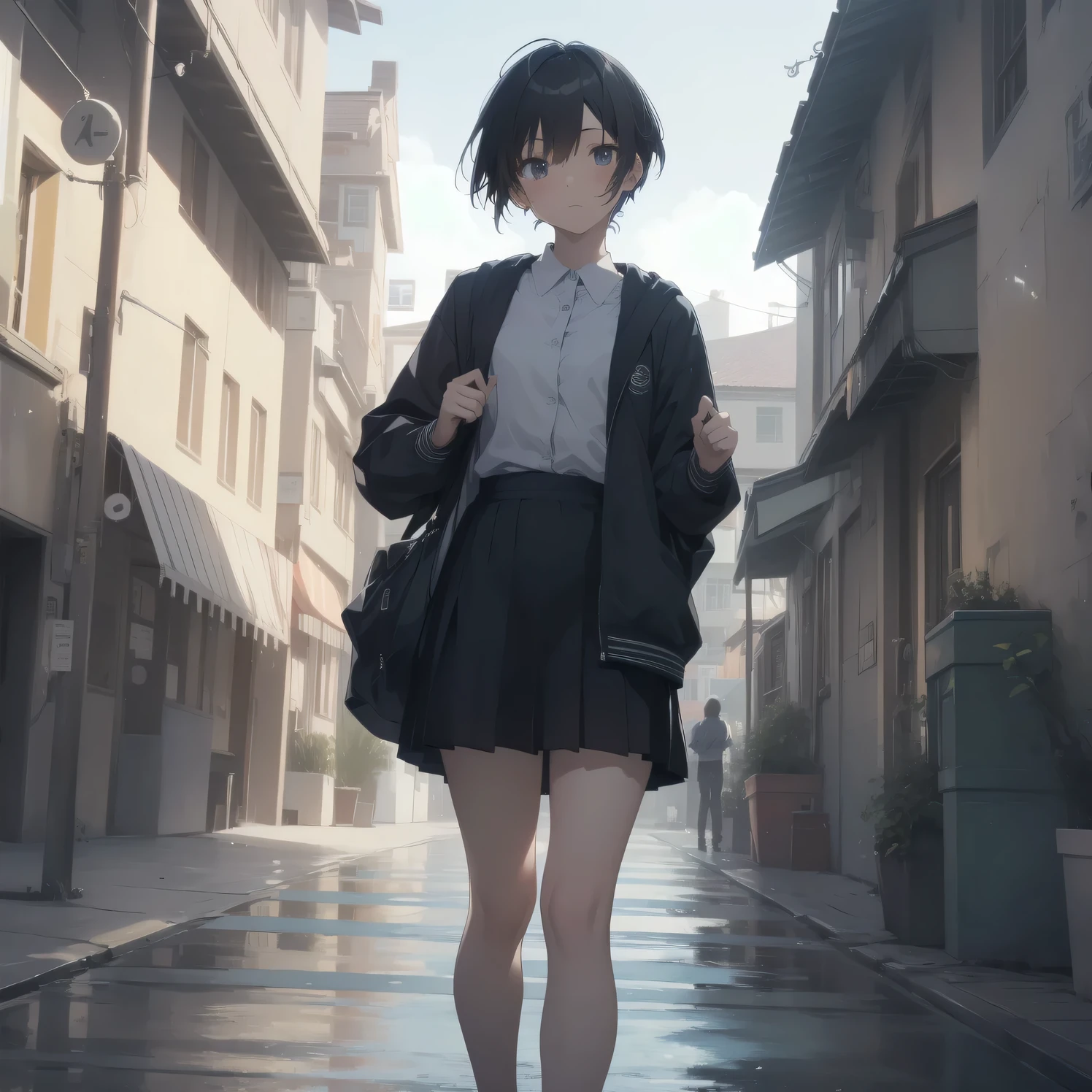 ultra-absurdres-Top quality by art God, ultra-detailed, high resolution, anime moe artstyle, best anime 8k konachan wallpaper, pixiv contest winner, perfect anatomy,break, 1girl, (Please draw a girl walking sleepily to school alone. )break,(Solo,little female, 13-year-old:1.3),Full limbs, complete fingers,a junior high school student, Attractiveness of immature bodies, (very short hair), short cut, flat chest, , small butt, small black eyes, beautiful detailed eyes, well-proportioned iris and pupils, expressive eyes, highres detailed hair, soft expression, school_uniform, pleated skirt,(Detailed Lighting), (Detailed background), in the School commute route. break,super detailed skin, Best cinematic lighting powered by famous artist, 8k,beauty illustration,photoshop_(medium),very aesthetic,break,((artist:core )), artist:fukahire_(ruinon) ,artist:akinashi yuu ,artist:oyari ashito ,