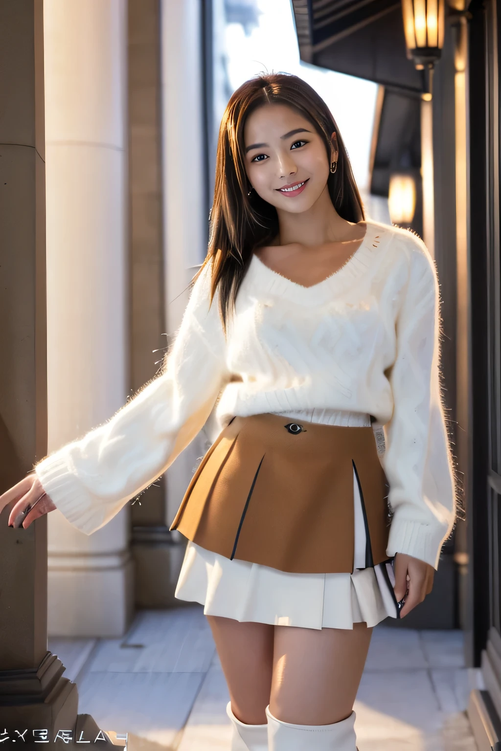 masterpiece, highest quality, Photoreal, Super detailed, finely, High resolution, 8k wallpaper, Professional, Advanced level of detail, (College girl posing in the city:1.2), slender Japanese woman, ((facing the front:1.5)), detailed clavicle, Medium chest、perfect face, medium long hair, chestnut hair、(White sweater:1.5)、(Glay mini flared skirt:1.8)、(White long boots:1.2)、gentle smile、(full body shot:1.5)、(brown skin:1.5)