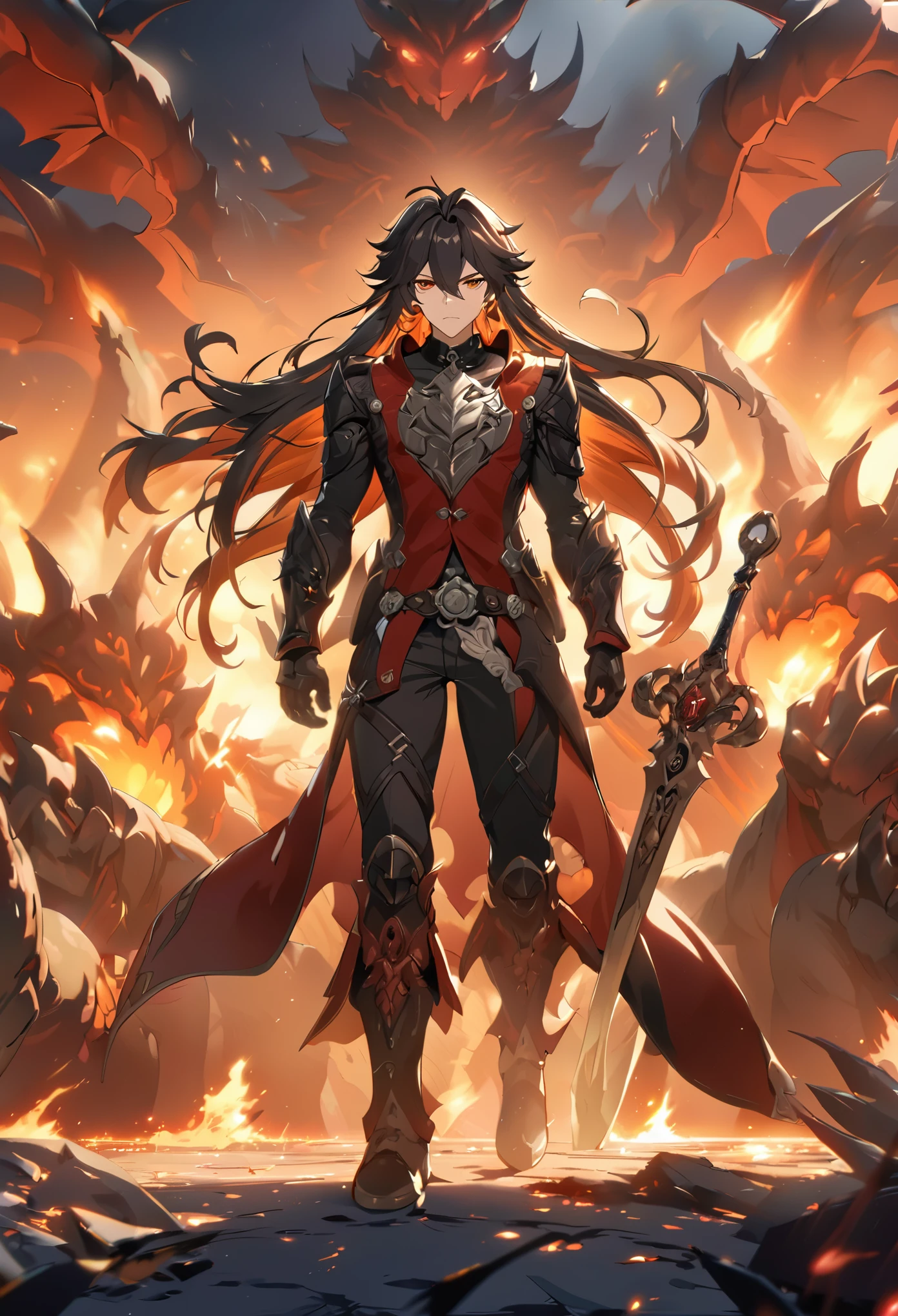 ((solo)), (man), dark orange eyes, black hair, very long hair, messy hair, dark orange colored inner hair, a close up of a person with a sword in a desolate land surrounded by demons and monsters, a burning battlefield, detailed key anime art, honkai star trail character, casimir art, masamune shiro, masamune, handsome guy in demon slayer art, genshin, heise jinyao, shadowverse style, (no logos), DOOM hell, black powers, red infernal scenery, detailed full body suit, black and red suit, eye reflection, depth of field, cinematic lighting, ray tracing, depth of field, cinematic lighting, ray tracing, UHD, high details, best quality, highres, high quality, award winning, super detail, masterpiece, 8k, UHD, high details, best quality, highres, high quality, award winning, super detail, masterpiece, 8k