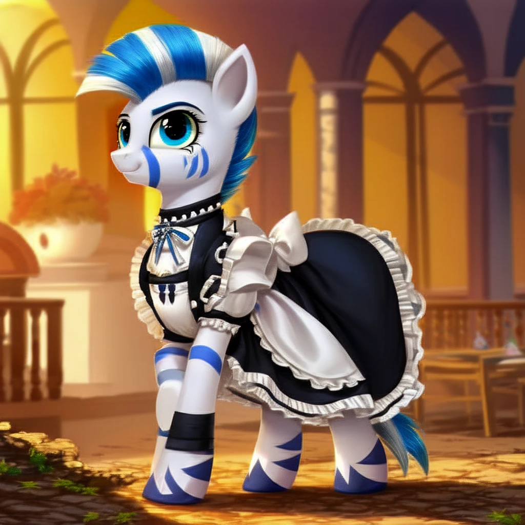 score_9, (source_pony), (solo), feral pony, Zecora,  (male zebra), blue zebra stripes, white body, long hair ponytail, detailed bright blue eyes, facial mark, (zebra stripes body), two-tone hair, multicolored hair, bangs, show accurate, oc, original character, detailed background, full body, (maid uniform:1.4, maid dress:1.4)