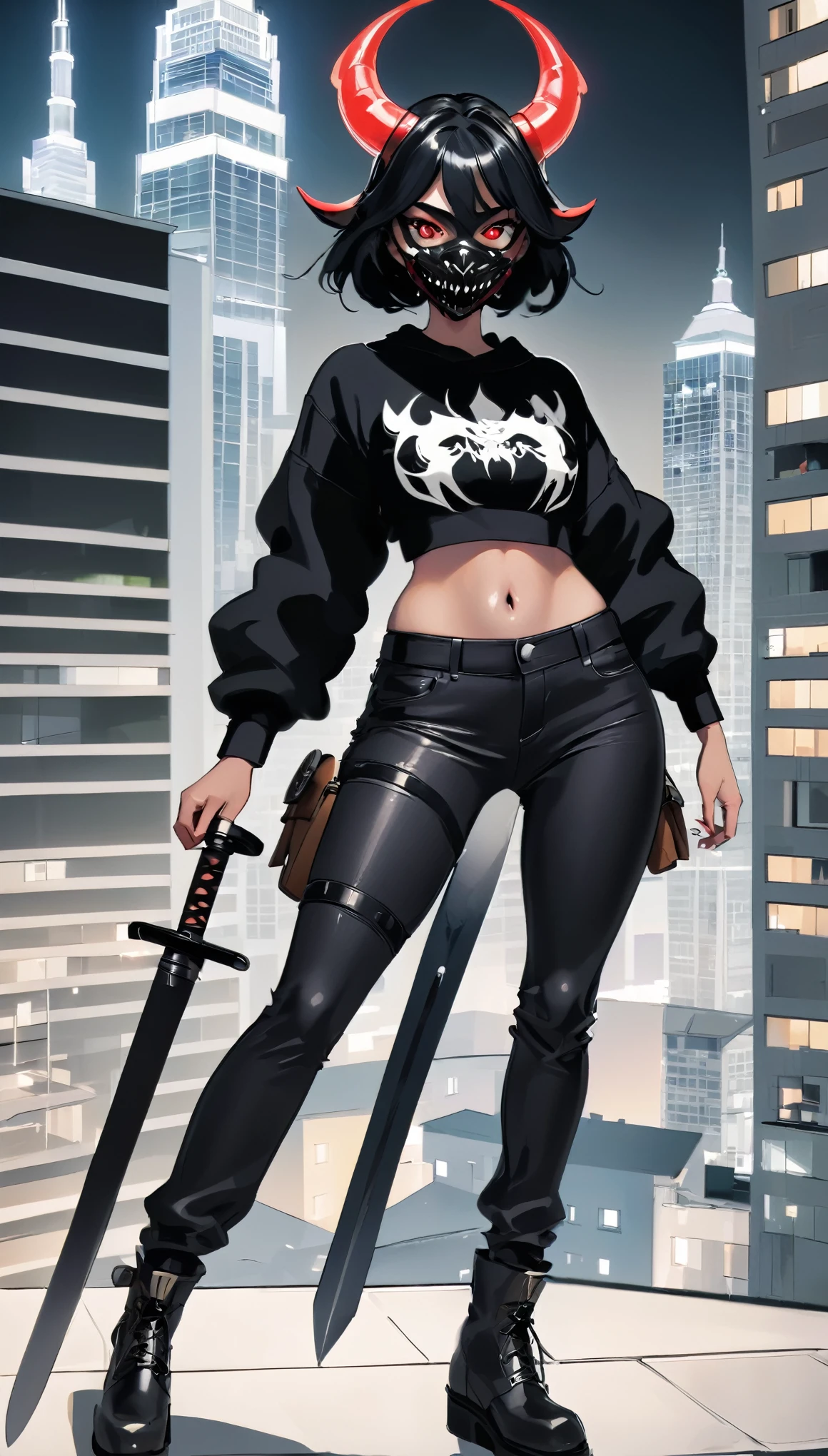 Mulher cabelos pretos com uma (demon mask in the mouth) white sweatshirt, black pants and black boots on his waist, a three-dimensional maneuvering device and holding a (sword in each hand). Ambiente De noite com um lua na ponta. On top of a tall building. Zoom out